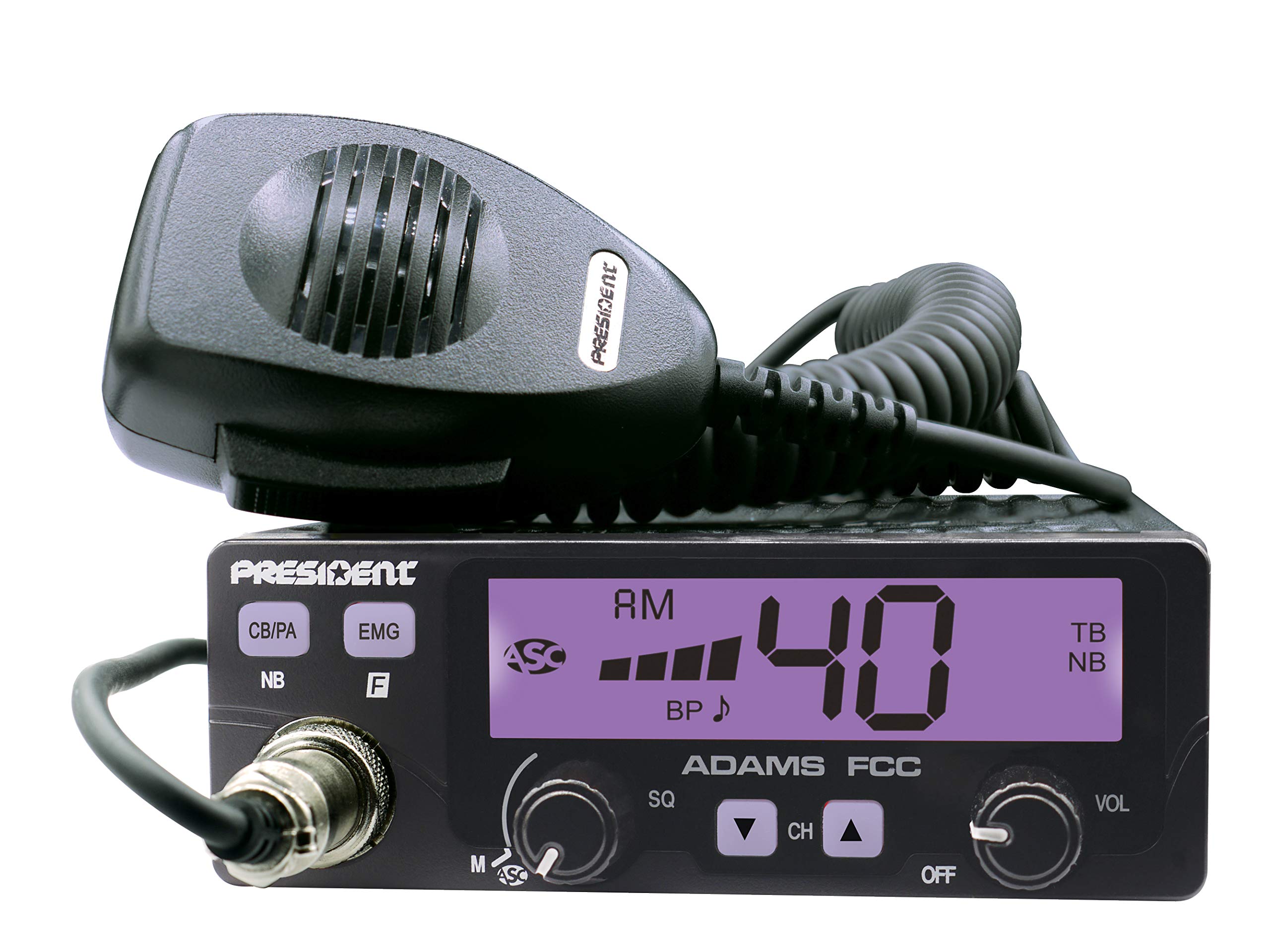 Adams President FCC CB Radio. Large LCD with 7 Colors, Programmable EMG Channel Shortcuts, Roger Beep and Key Beep, Electret or Dynamic Mic, ASC and Manual Squelch, Talkback