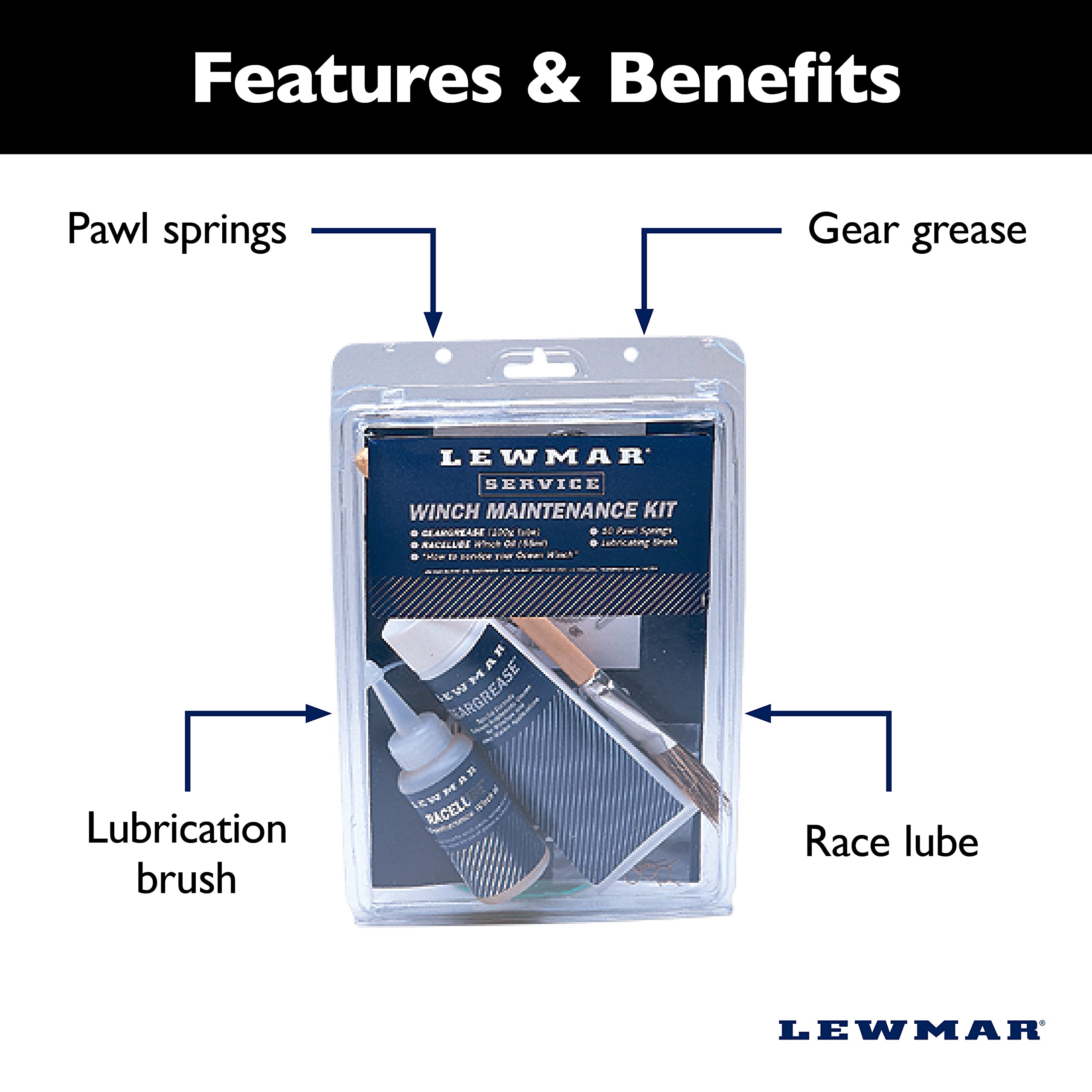 Winch Maintenance Kit Lewmar – for Basic Winch Maintenance for Your Sailboat, for Winch Sizes 6"- 48", Includes 10 Pawl Springs, Gear Grease (100 g), Race lube (55 ml), Lubrication Brush
