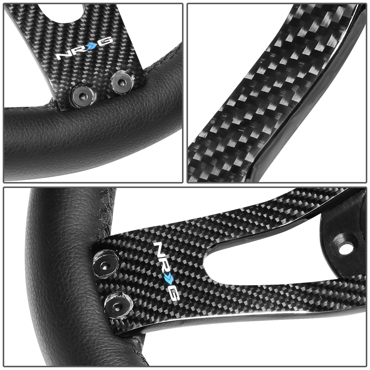 NRG Innovations Reinforced NRG-RST-002RCF Steering Wheel 320mm Sport Lightweight with Carbon Center Spoke, Black Leather and Rivets