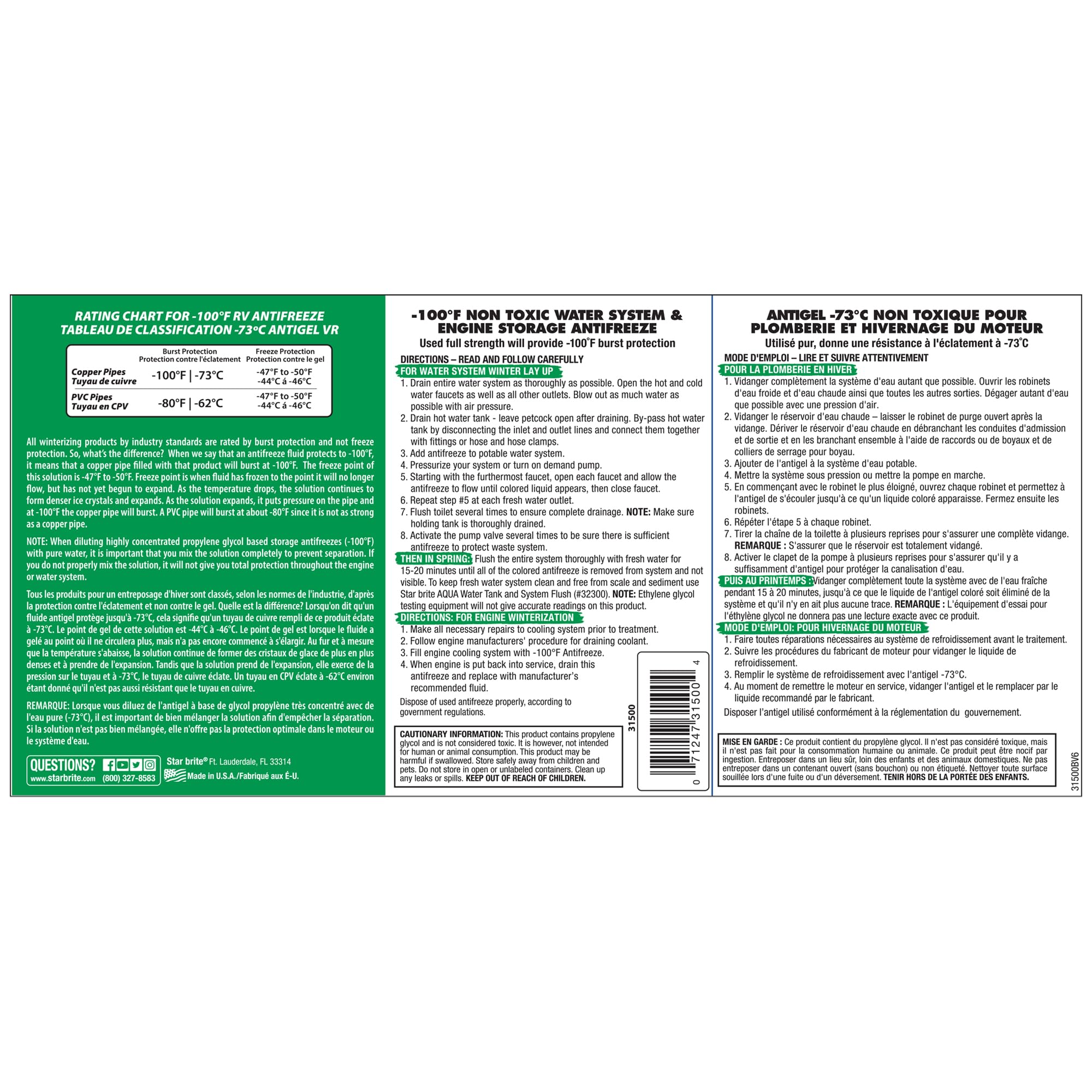 Premium STAR BRITE -100°F Non-Toxic Antifreeze for RVs, Boats & Water Systems, Propylene Glycol Formula, Corrosion Protection, Ready-to-Use Winterizing Fluid