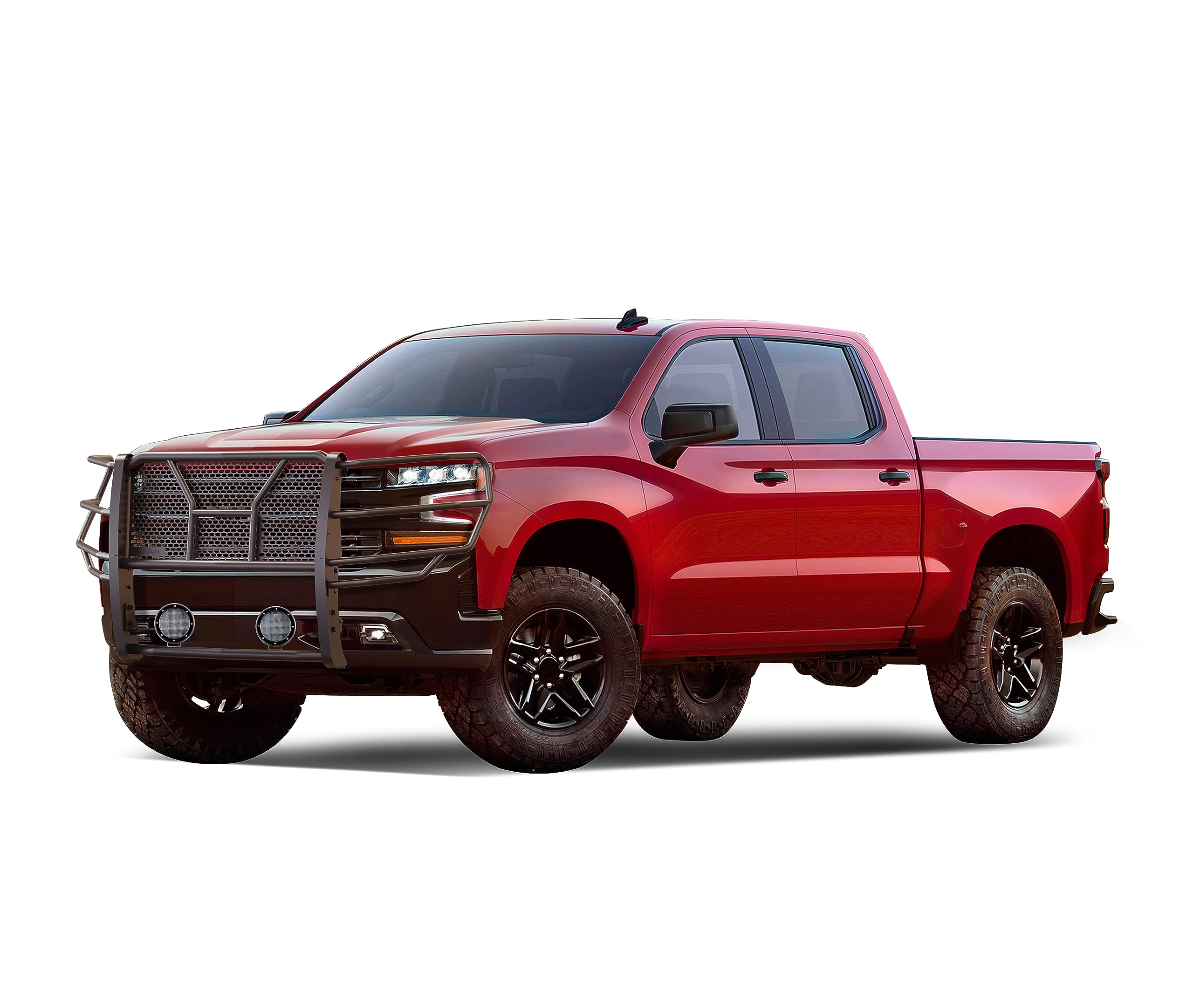 Heavy Duty Black Horse Rugged Grille Brush Bumper Guard Modular Black Come with Pair of 5.3" Dia.LED Lights with Black Trim Rings Compatible with 2019-2024 Chevrolet Silverado 1500-RU-CHSI19-B-PLFB