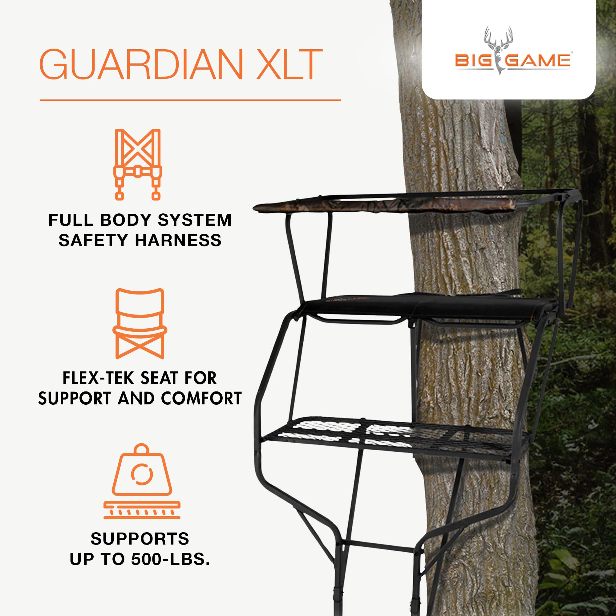 2-Person Big Game Ladder Tree Stand For Hunting Deer with Seats, 18' Tall, Camo/Black - Adjustable Climbing Treestand with Platform and Safety Harness for Shooting