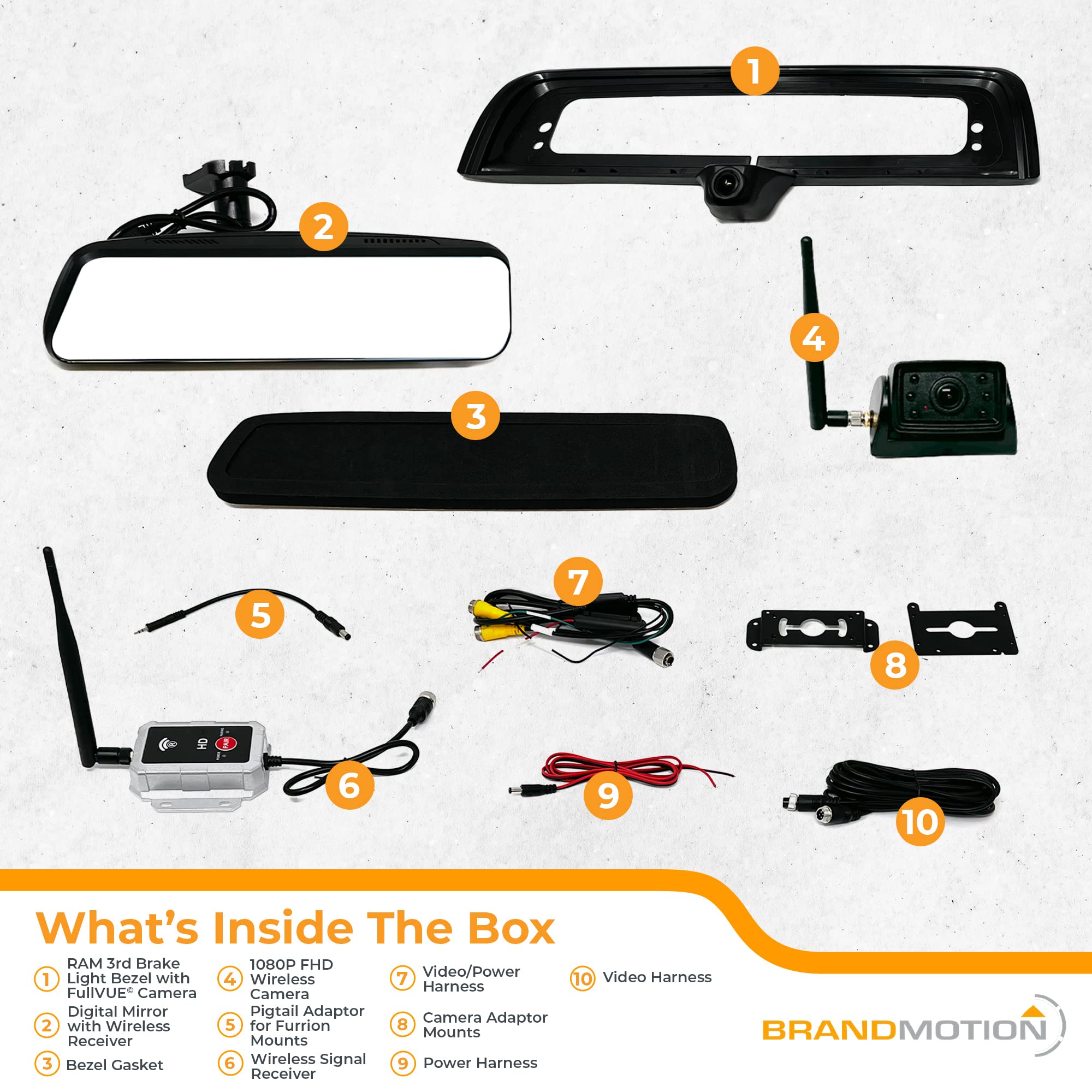 Wireless Transparent Trailer System Brandmotion w/ Dual Rear Cameras and Display Mirror Compatible with RAM 1500 (2009-2018) and Heavy Duty (2010-Current) - Edge to Edge Image Mirror - Easy Install