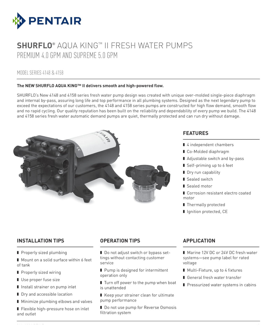 PENTAIR 4158-153-E75 SHURFLO Aqua King II Premium Fresh Water Pump, 12V, 5.0 GPM, 55 PSI, Multi-Fixture Marine and RV Diaphragm Pump with Built-in Bypass, Quiet Operation, and Heavy-Duty Construction