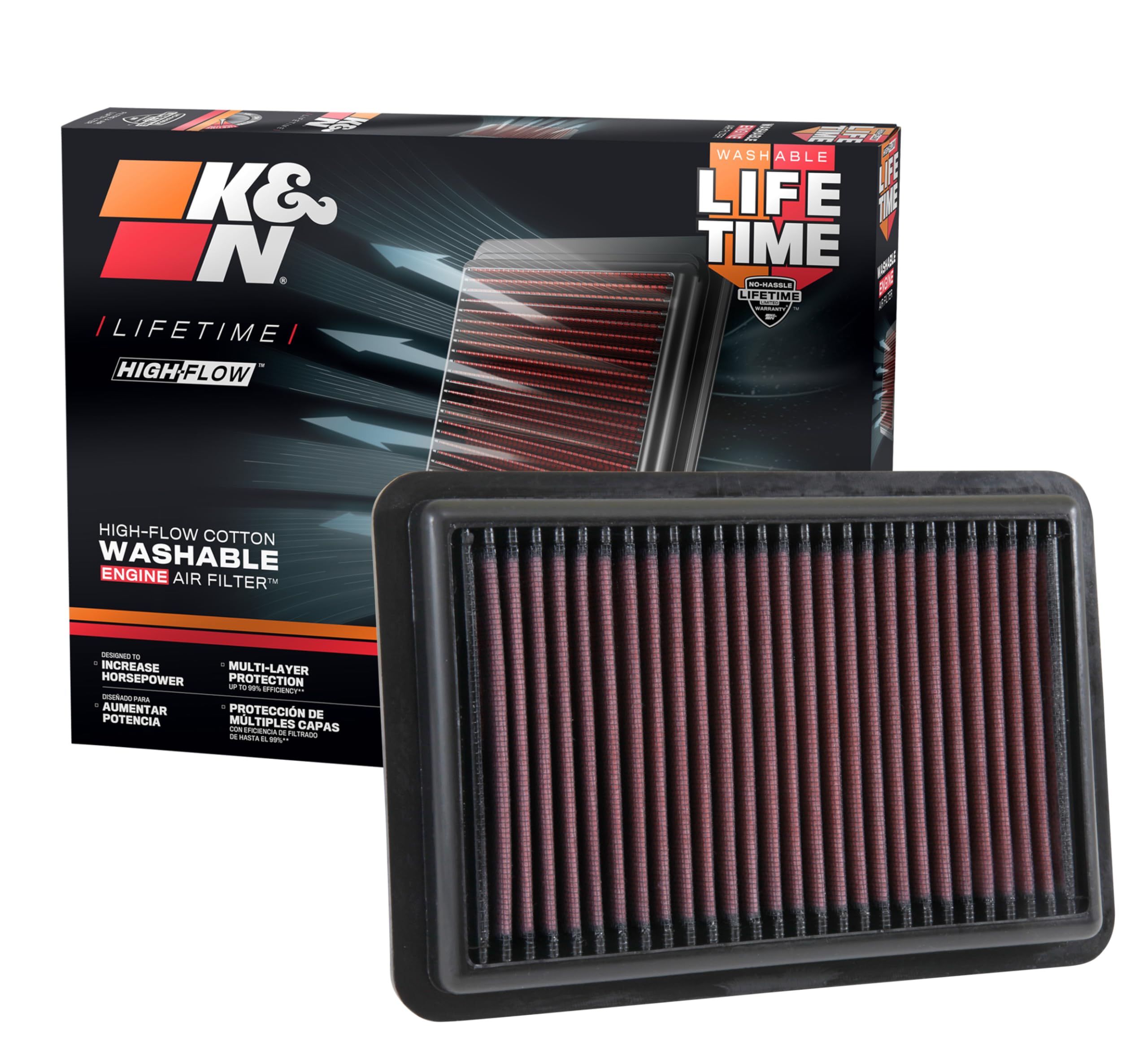 High-Flow K&N Original Lifetime Engine Air Filter: Increase Power: Washable: Compatible with 2017-2025 HYUNDIA/KIA: Elantra, I30, Kona, Veloster, Cerato, Forte, ProCeed, Seltos, Soul, Xceed, 33-5050