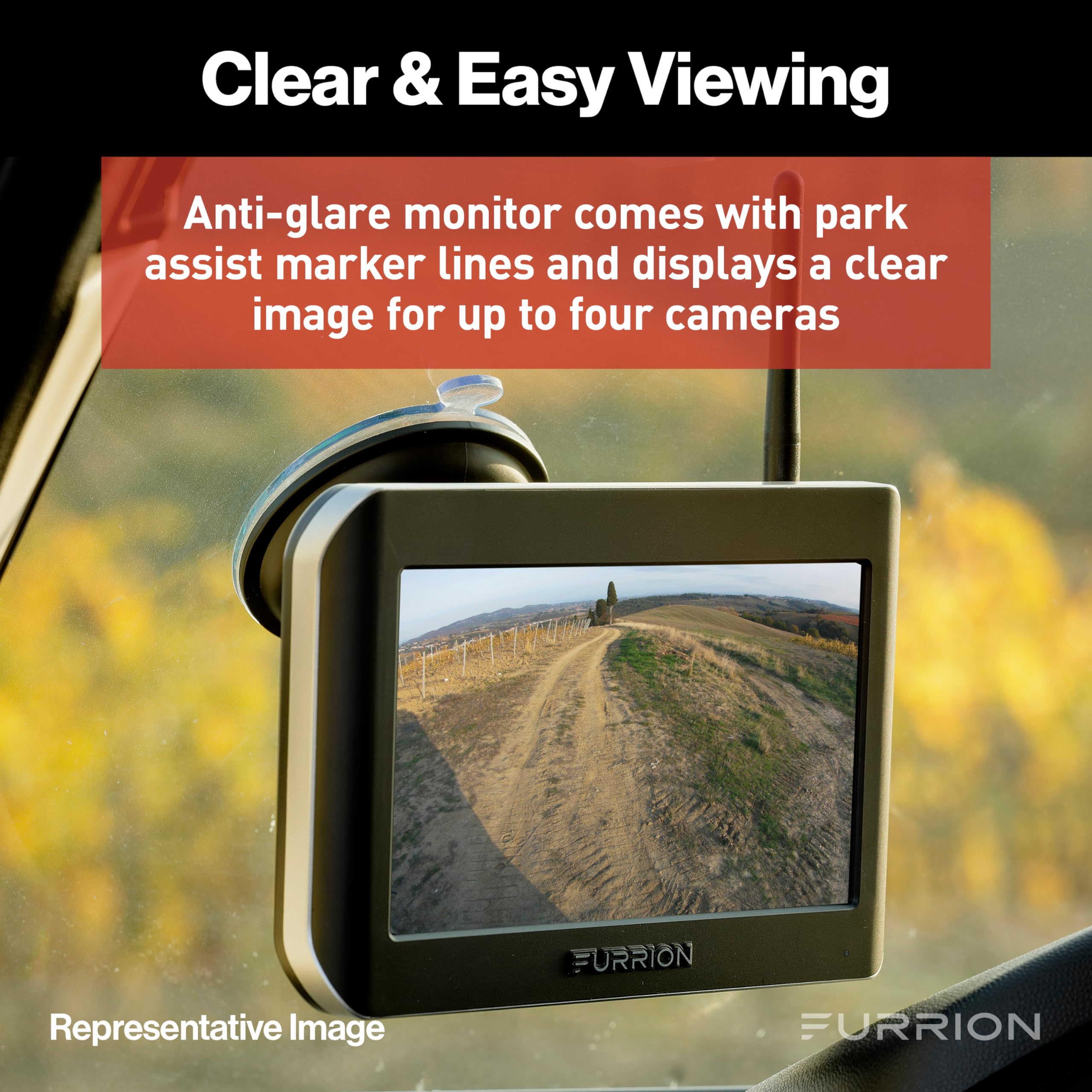 Furrion Wireless Vision S RV Backup Camera System with 4.3-Inch Monitor, 1 Rear Sharkfin, Infrared Night Vision, Wide-Angle View, Hi-Res, IP65 Waterproof, Motion Detection, Microphone - FOS43TASF