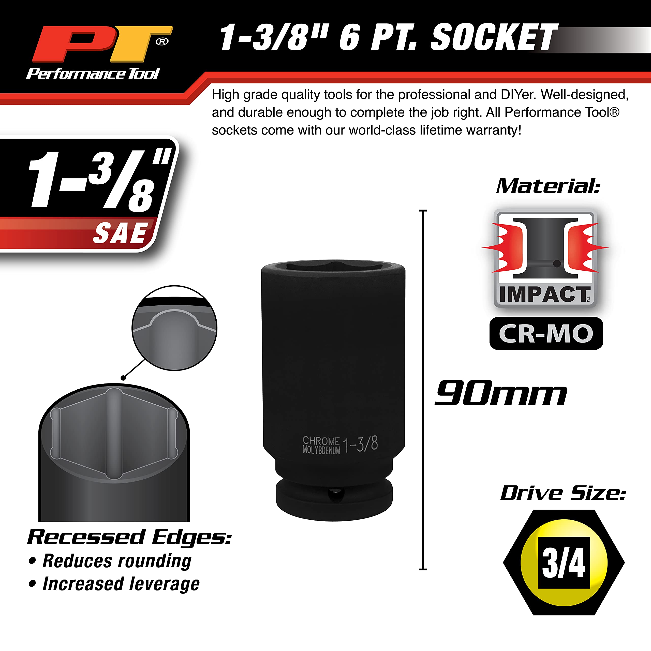 M742-44 Performance Tool 3/4-Inch Drive 1-3/8-Inch Deep Wall Impact Socket for Heavy-Duty Mechanics and Automotive Enthusiasts