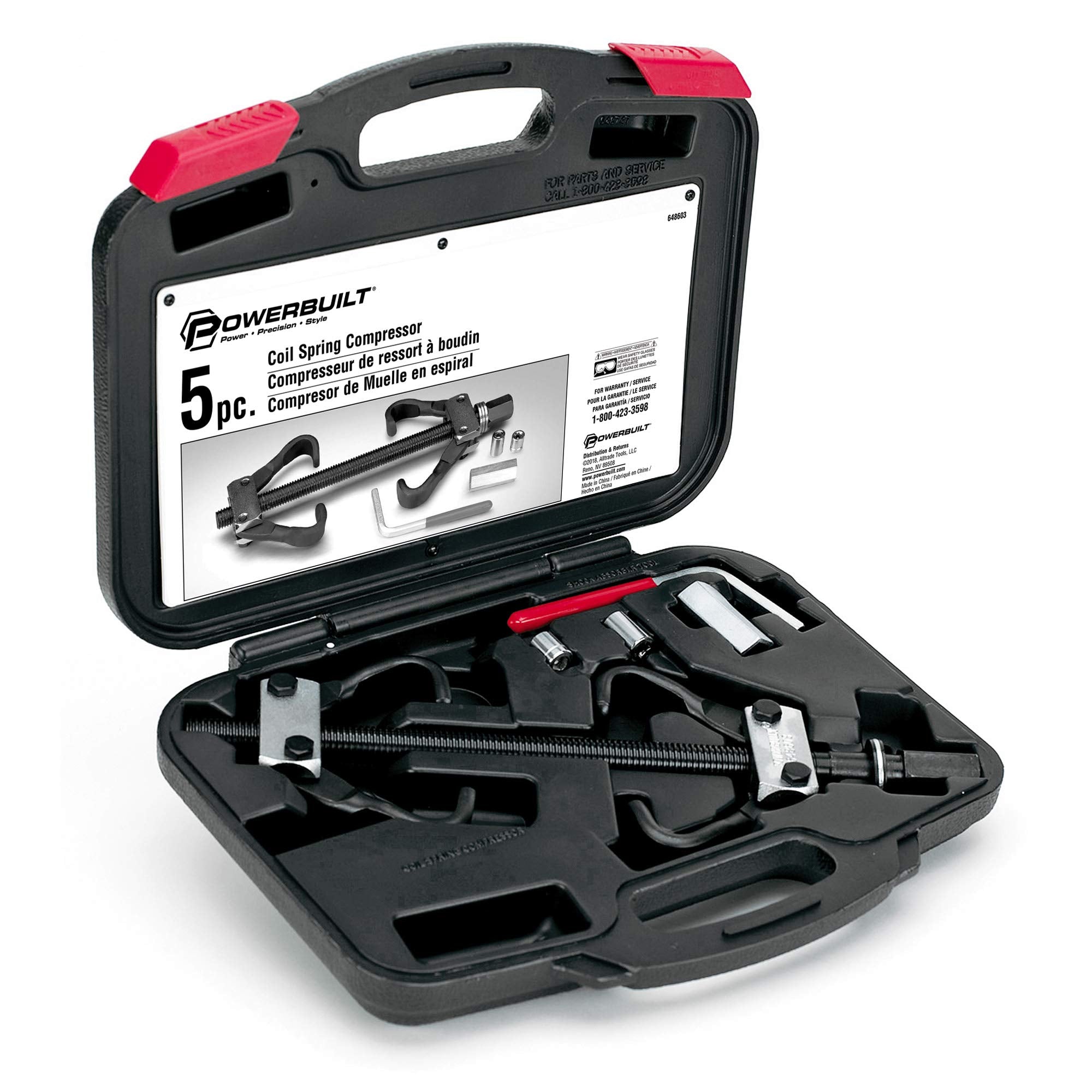 Powerbuilt Coil Spring Compressor Tool Kit, 5 Piece, Shock Absorbers, Straight or Curved Coil Springs, Domestic and Foreign, Storage Case - 648603, Black