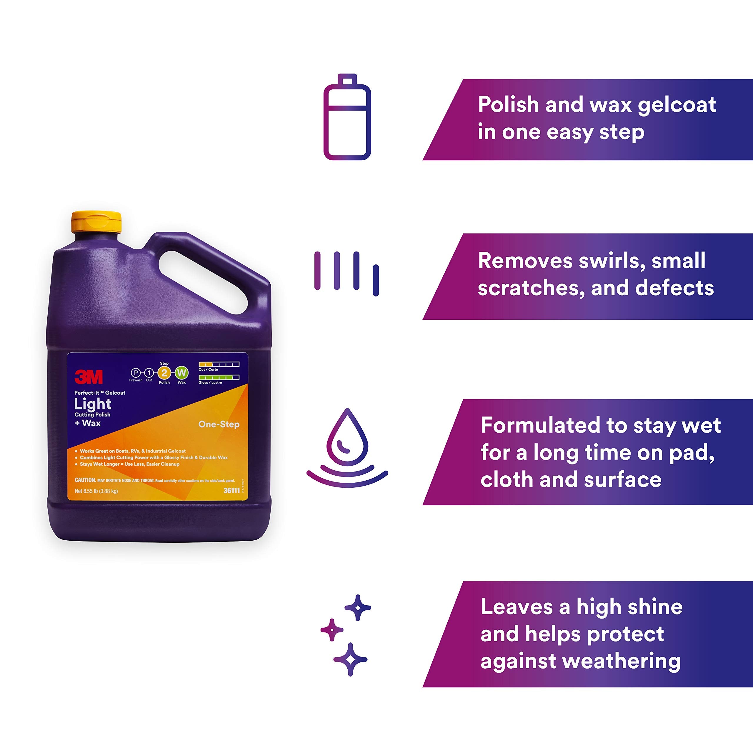 3M Perfect-It Gelcoat Light Cutting Wax + Polish, 36111, 1 Gallon, One-Step Process, Removes Scratches and Swirls, Light Oxidation Remover for Boats and RVs