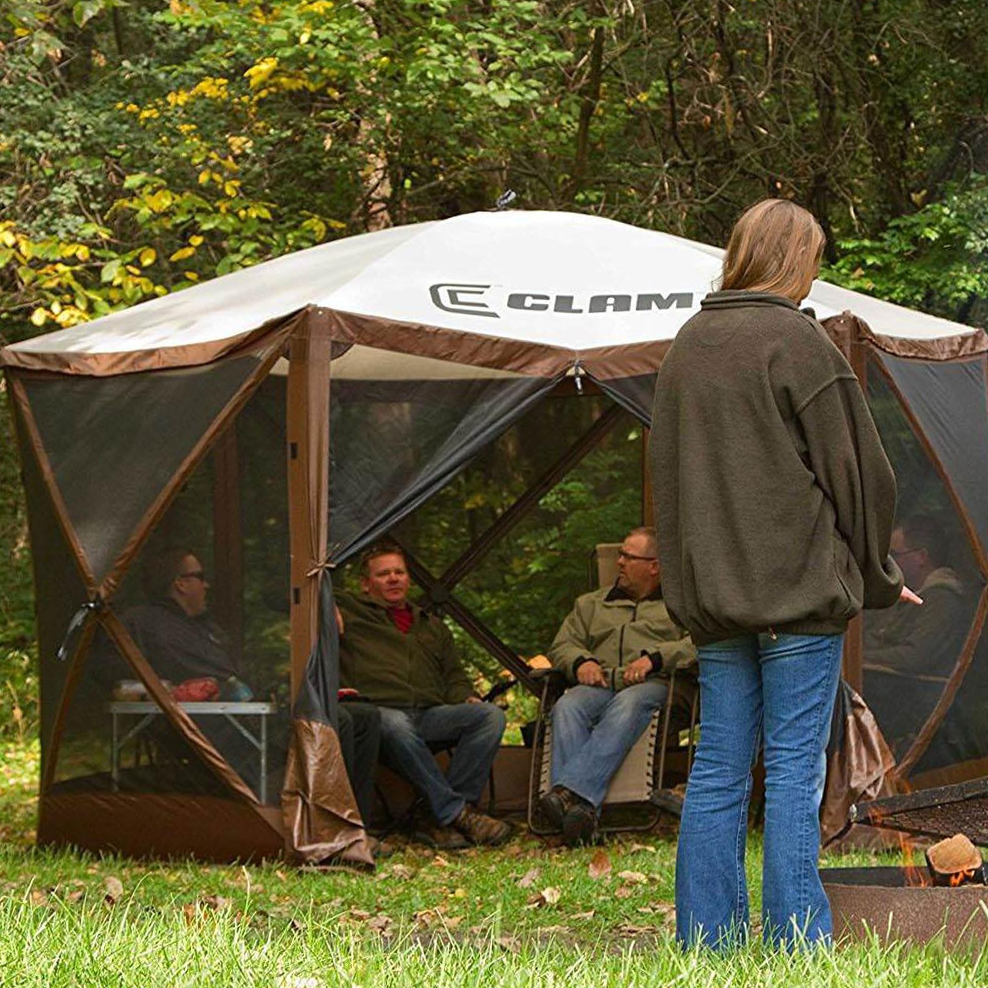 Pop Up CLAM Screen Tent, Outdoor Camping Gazebo Canopy, Escape, 11.5', Brown - Heavy-Duty Portable Screened Shelter with Netting for Beach, Patio, and Backyard