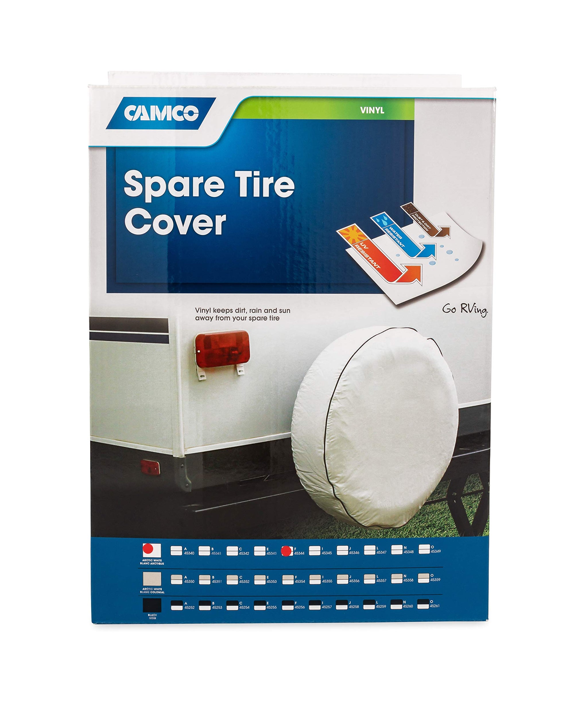 Camco Tire Cover Camper/RV | Crafted of Heavy-Duty Arctic White Vinyl & Fits 29-Inch Wheels | Great for Covering Spare Tires During Travel, RV Storage and Organization, and More (45344)