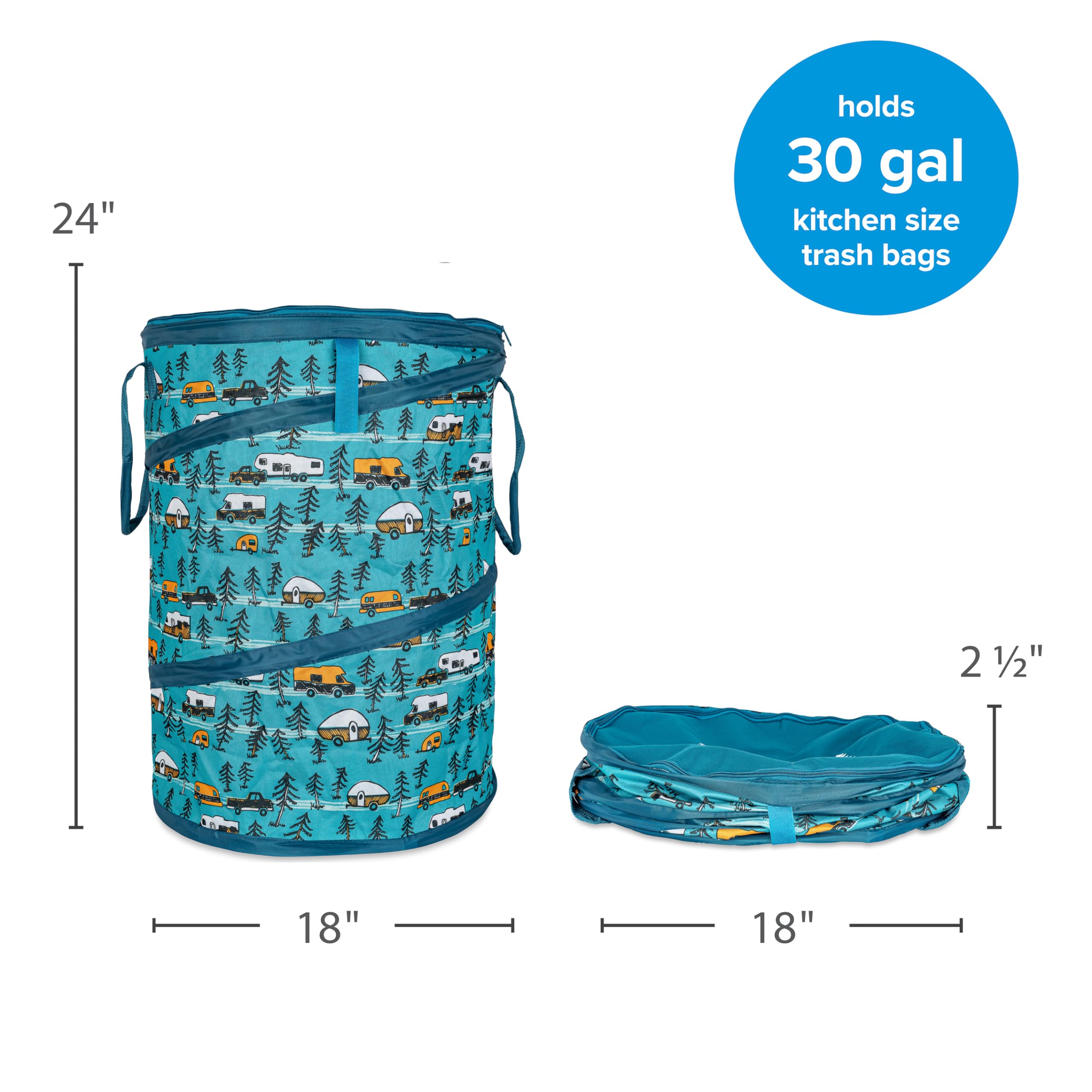 Camco Pop-Up Utility Container Life is Better at The Campsite - 18 x 24-inch - A Compact Size for Multi-Purpose Use - Sketched RVs and Trees Pattern (42987)