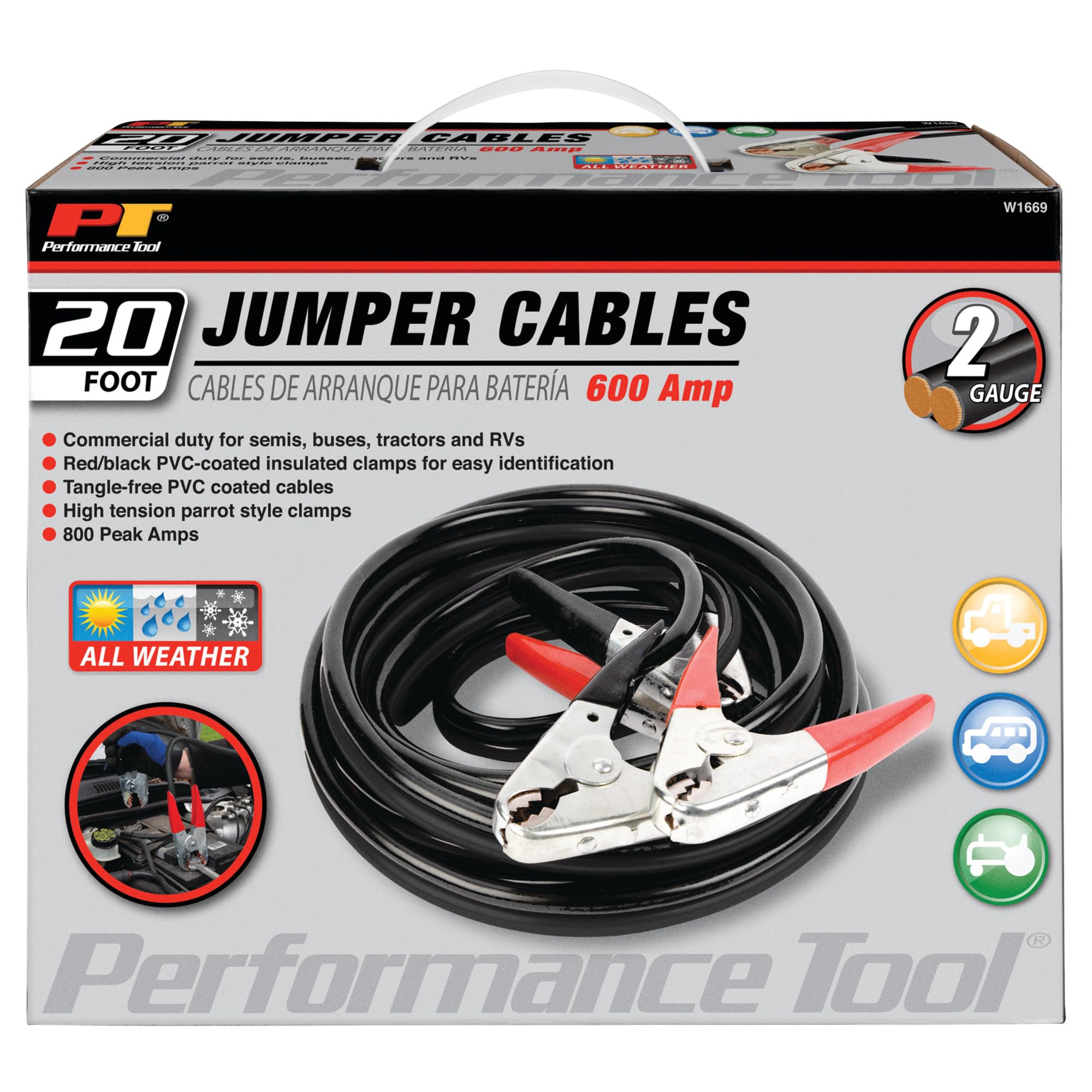 20' Performance Tool W1669 Commercial Duty 2-Gauge 800 PEAK AMP All Weather Jumper Cables for Tractors, Semis, Buses, and RVs
