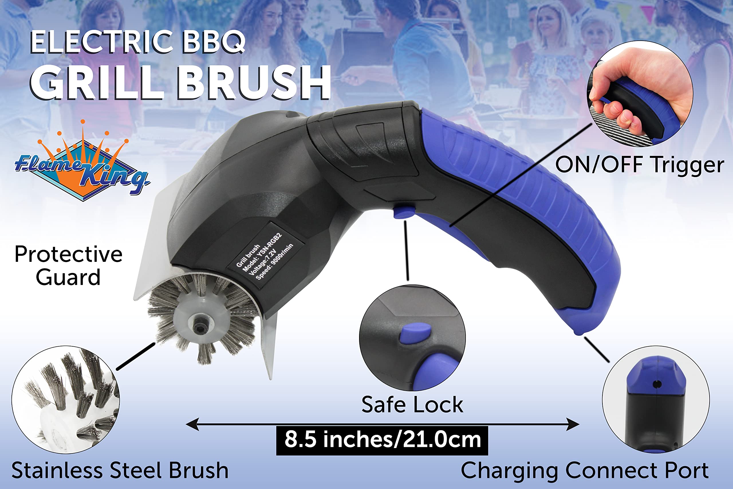 Electric BBQ Grill Brush Flame King Cordless and Rechargeable Stainless Steel Bristles,Black