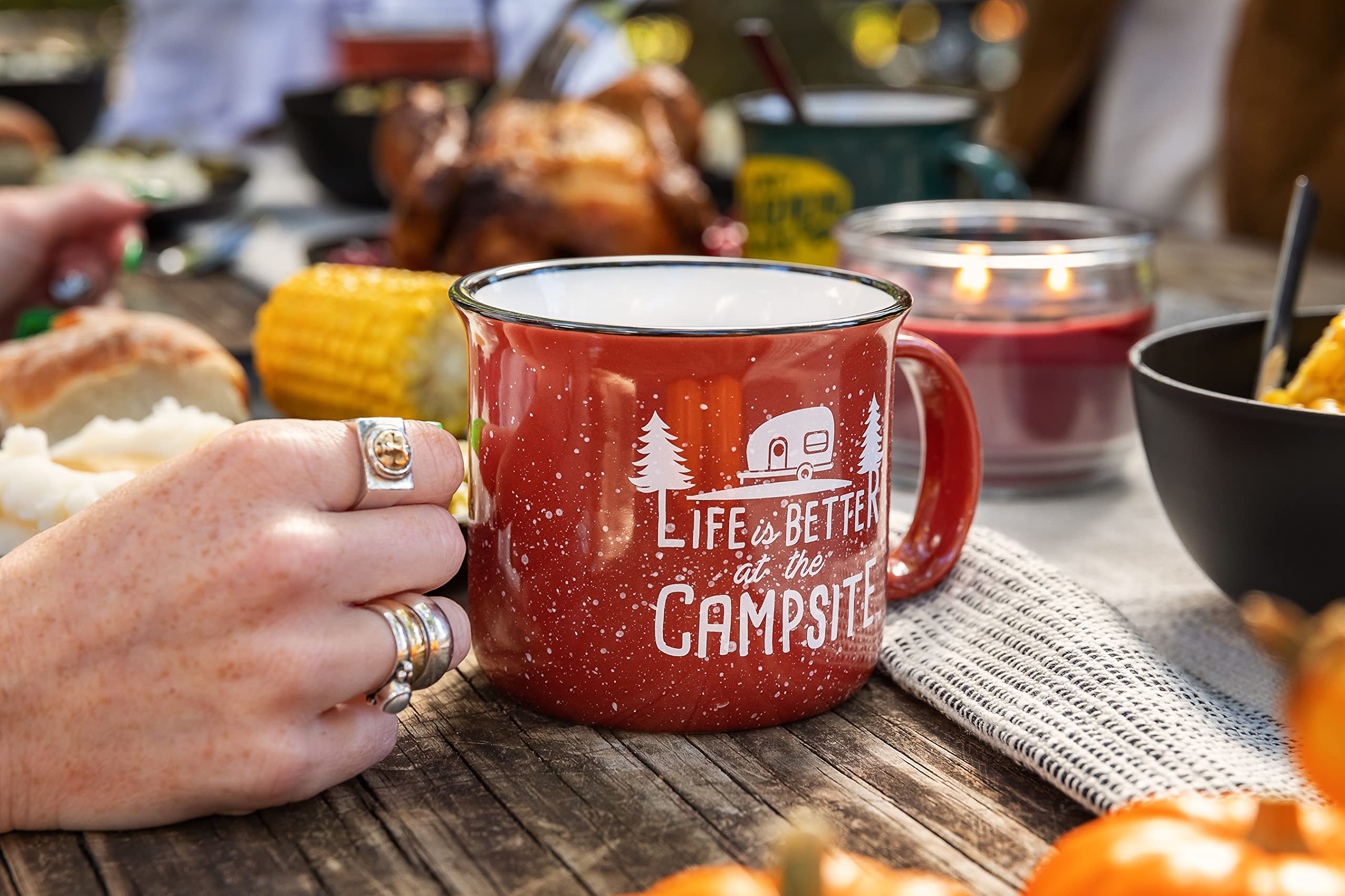 Ceramic Mug Camco Life is Better at the Campsite | Microwave and Dishwasher Safe | Speckled Red Background with White "Life is Better at the Campsite" Design | 14oz. (53235)