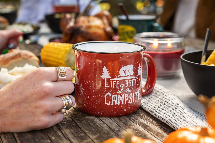 Ceramic Mug Camco Life is Better at the Campsite | Microwave and Dishwasher Safe | Speckled Red Background with White "Life is Better at the Campsite" Design | 14oz. (53235)