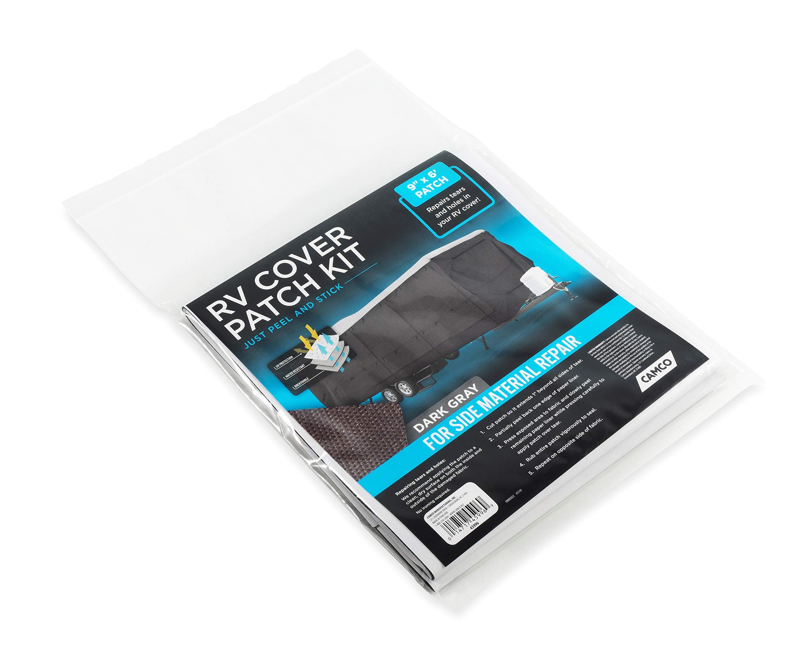 Camco Patch Kit RV Cover - 9-Inch x 6-Foot Patch with Adhesive Backing - Repairs Small Rips and Tears on the Side, Front & Back Panels of UltraGUARD, UltraShield, & Pro-Shield RV Covers - Gray (45996)
