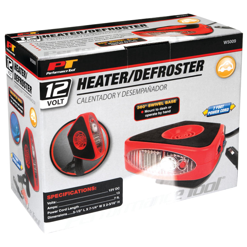 12V Performance Tool W5009 Compact Heater and Defroster with Swivel Base, Swing-Out Handle, and LED Flashlight