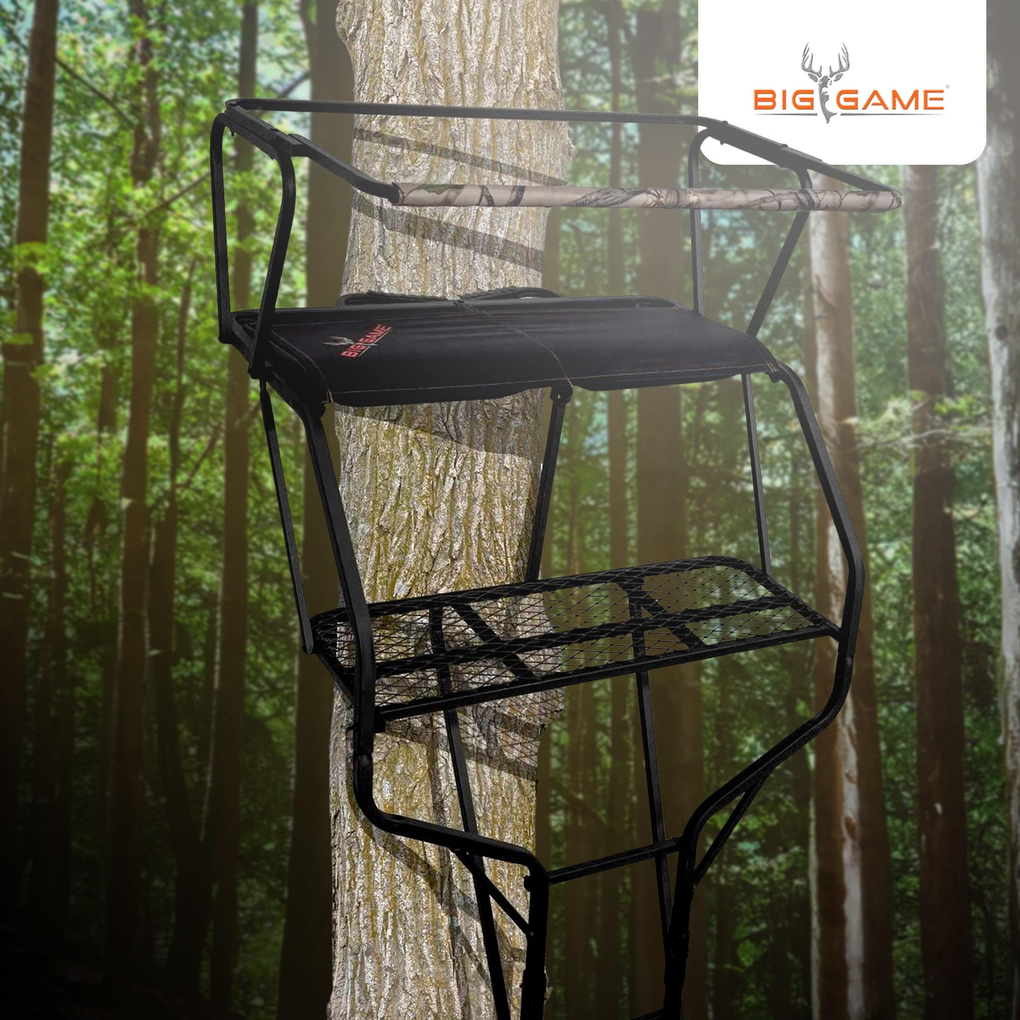 2-Person Big Game Ladder Tree Stand For Hunting Deer with Seats, 18' Tall, Camo/Black - Adjustable Climbing Treestand with Platform and Safety Harness for Shooting