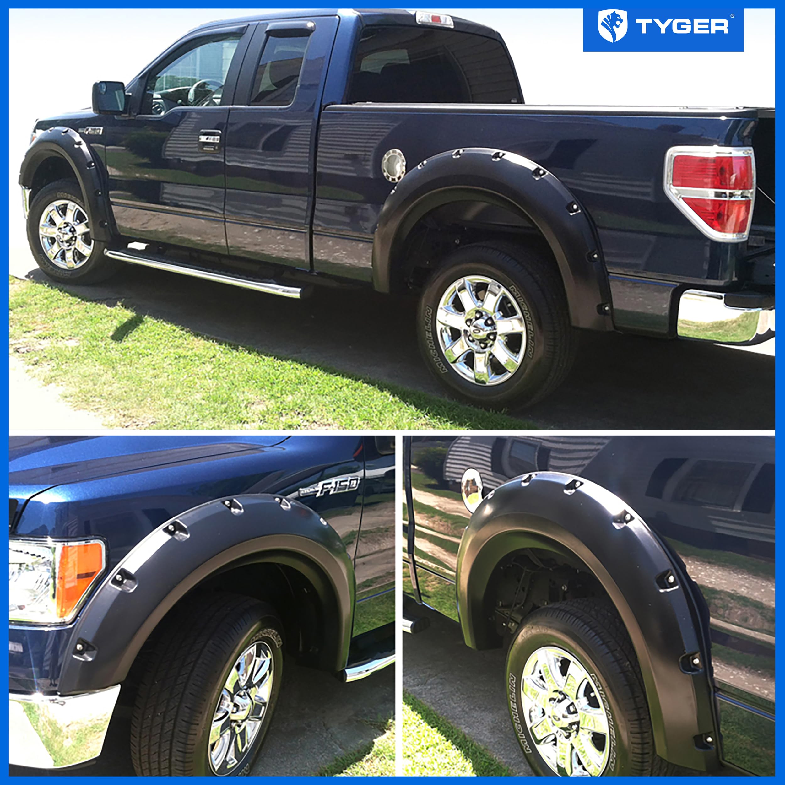 Tyger Auto Fender Flare 2009-2014 Compatible with Ford F-150 (Exclude Raptor) Fleetside, Smooth Textured Black Paintable Bolt-Riveted Style 4pc | TG-FF8F4028