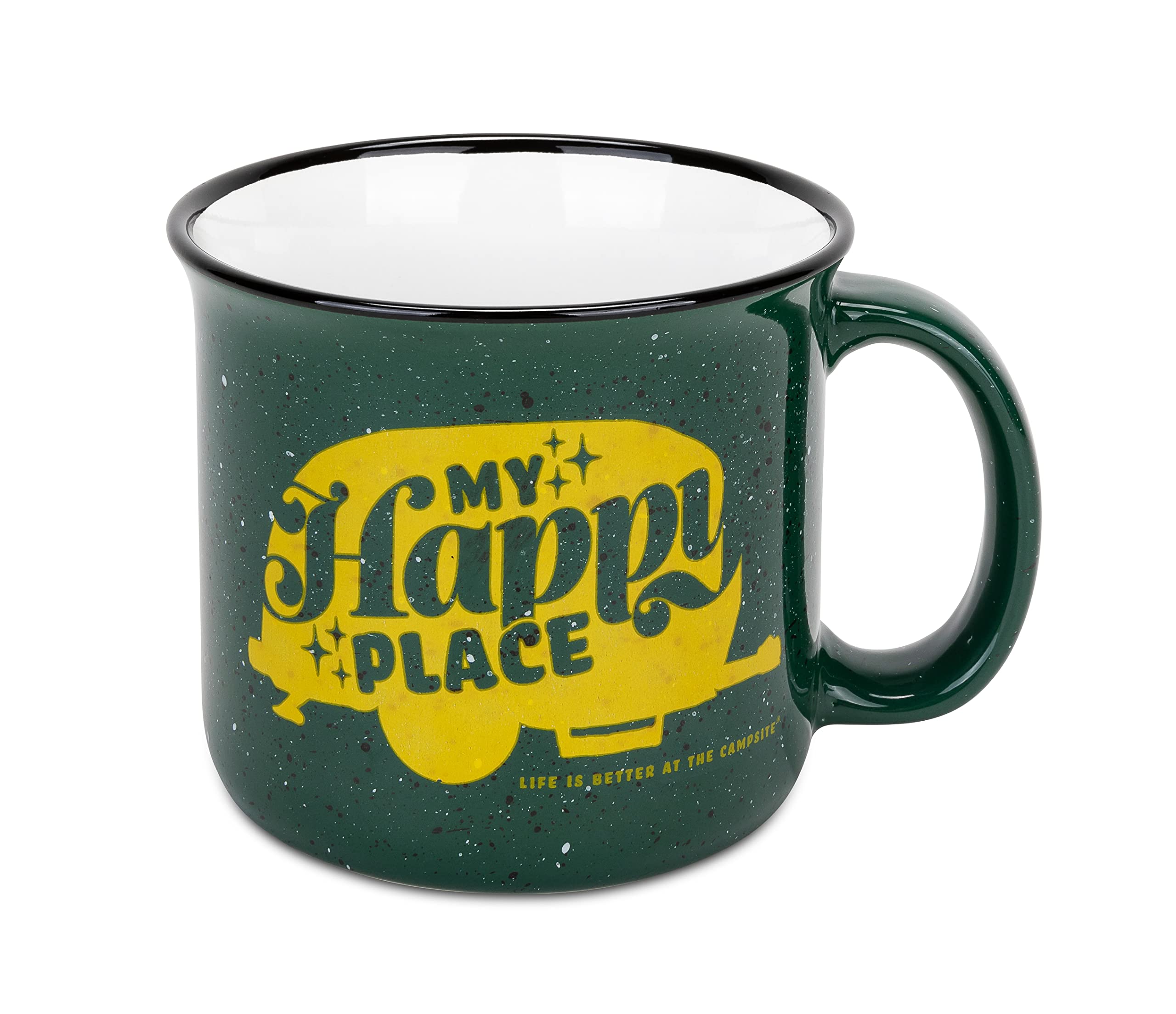 Camco Ceramic Coffee Mug is Better at The Campsite Life - Microwave and Dishwasher Safe - Features Green Background with Retro RV My Happy Place Design - Coffee Cup Holds 14oz. (53471)
