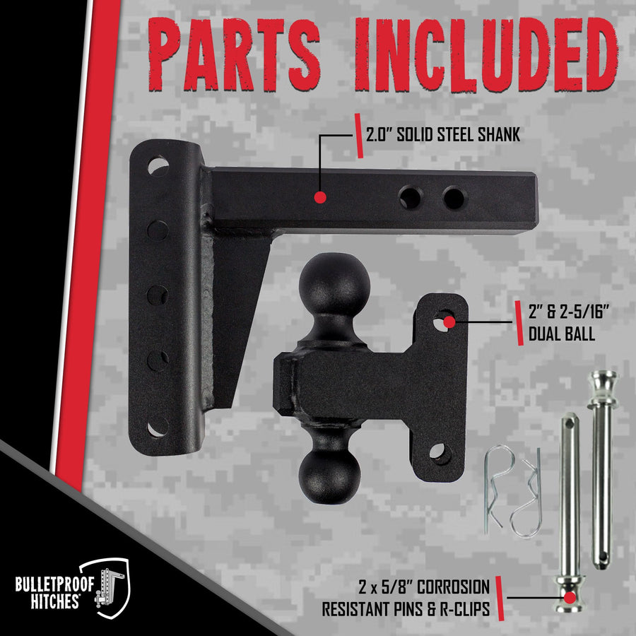 2.0" BulletProof Hitches Adjustable Extreme Duty Trailer Hitch (30,000 lb. Rating) - 4" Drop/Rise with 2" and 2 5/16" Dual Ball - Powder Coat, Solid Steel, Corrosion-Resistant