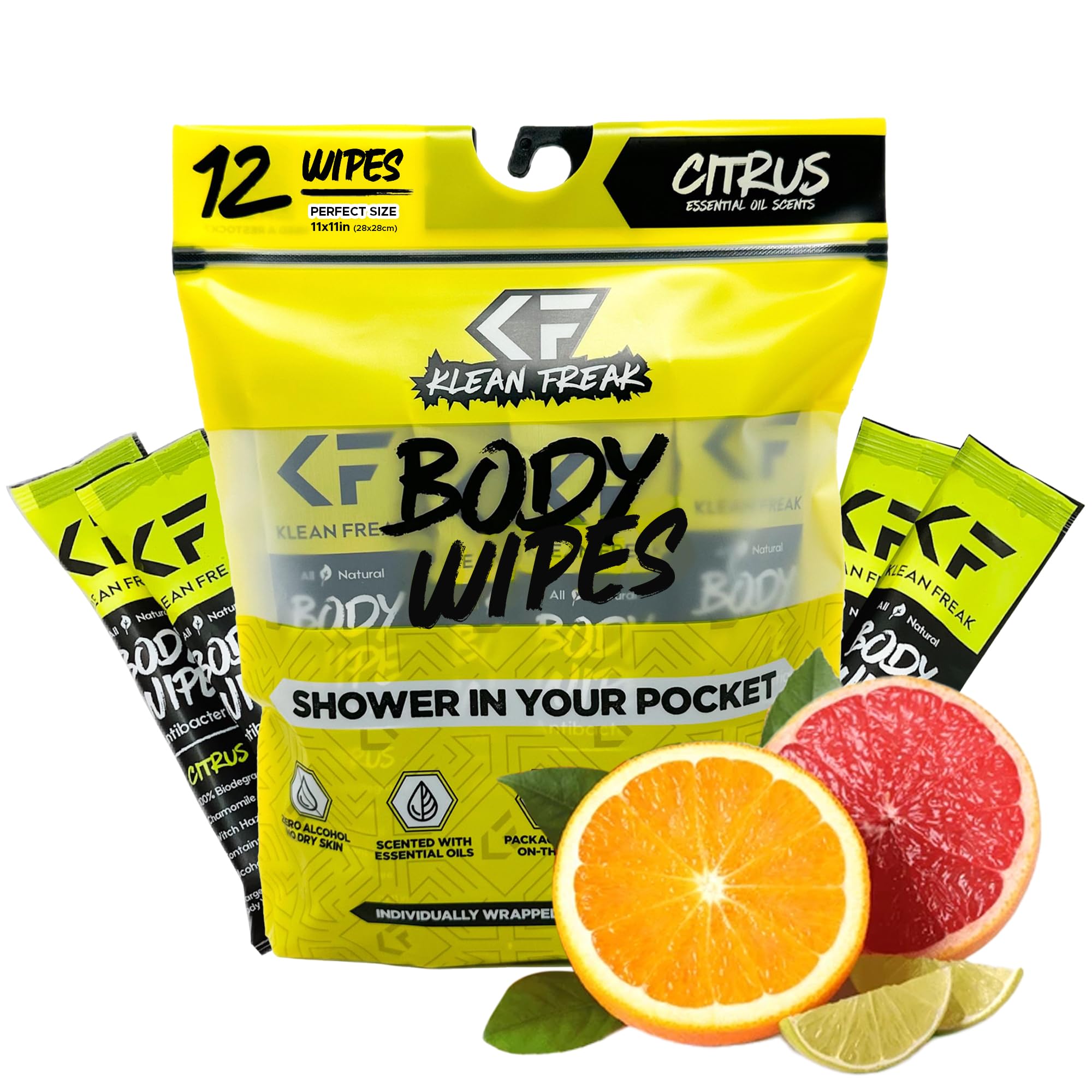 The Body Wipes Klean Freak - 12 count Individually Wrapped | Showerless Body Wipe for Women & Men | Sustainable Bodywipes for Gym, Travel, Camping | Citrus