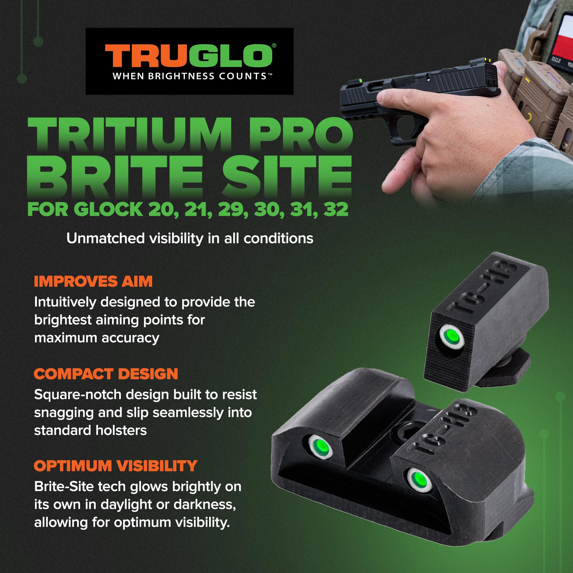 TruGlo Compact Pro Tritium Brite-Site Night Sight High Set Hunting, Tactical, Military Handgun Sight Compatible with Glock 20, 21, 29, 30, 31, and 32