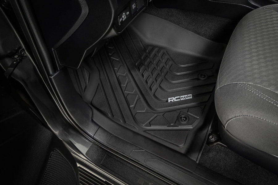 Rough Country Floor Mats Flex-Fit for Toyota Tacoma (2016-2023) Double Cab - Front & Rear Set, Custom All-Weather Non-Slip TPE Liners w/Spill Saver Lip