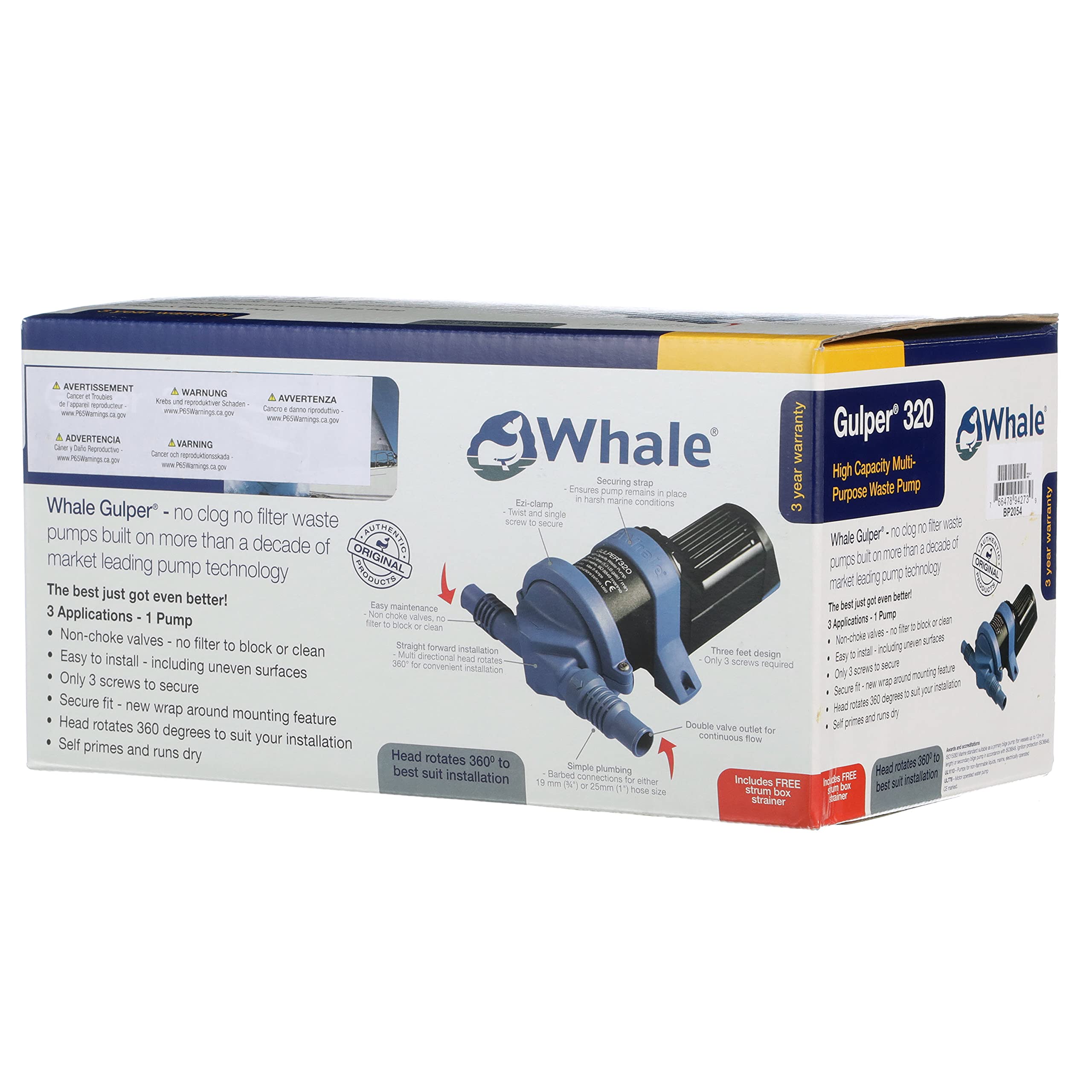 Gulper 320 Pump, Whale BP2054 Manages Gray Waste, 5.0 GPM Flow Rate, 24V DC, ¾ or 1 Inch Hose Connections