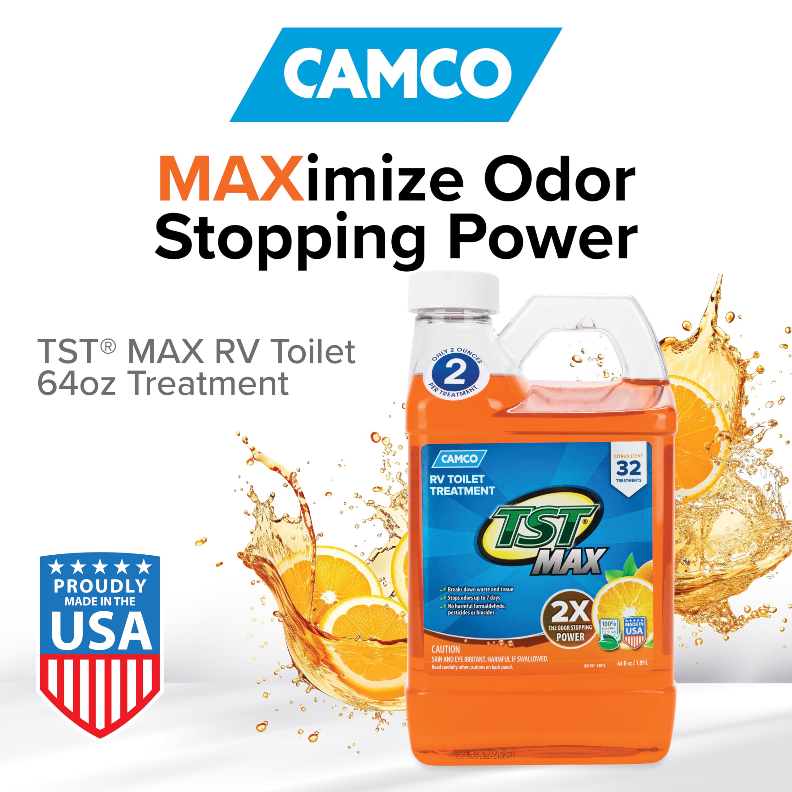 Camco TST MAX Toilet Treatment Camper/RV - Features Septic Safe Formula & Stops Odors Up to 7 Days – Orange Scent, 64 oz (41195)