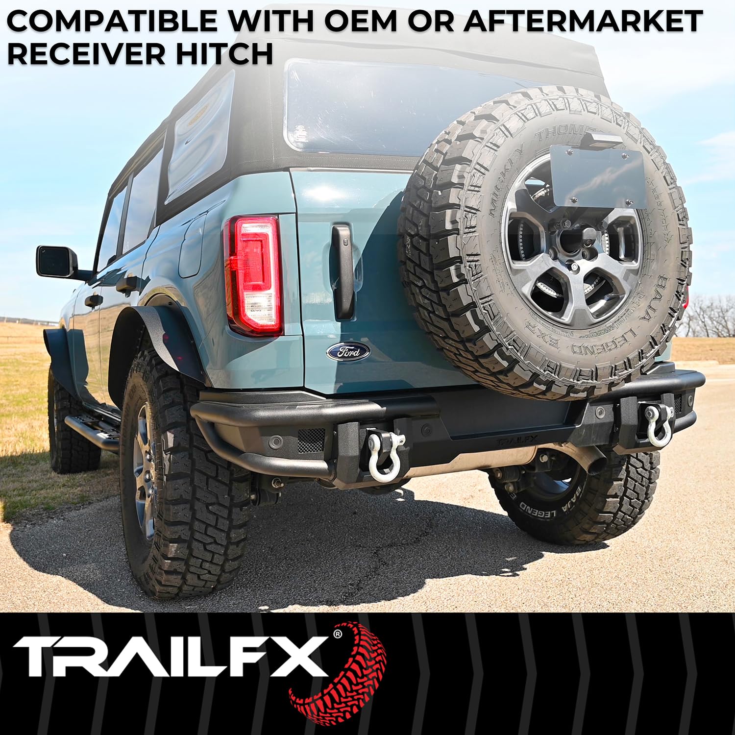 Rear Bumper TrailFX for Ford Bronco 2021-2025 Matte Black Powder Coated Steel Full Width D-Rings License Plate Bracket LED Cube Light Mounts TrailFX BR004T