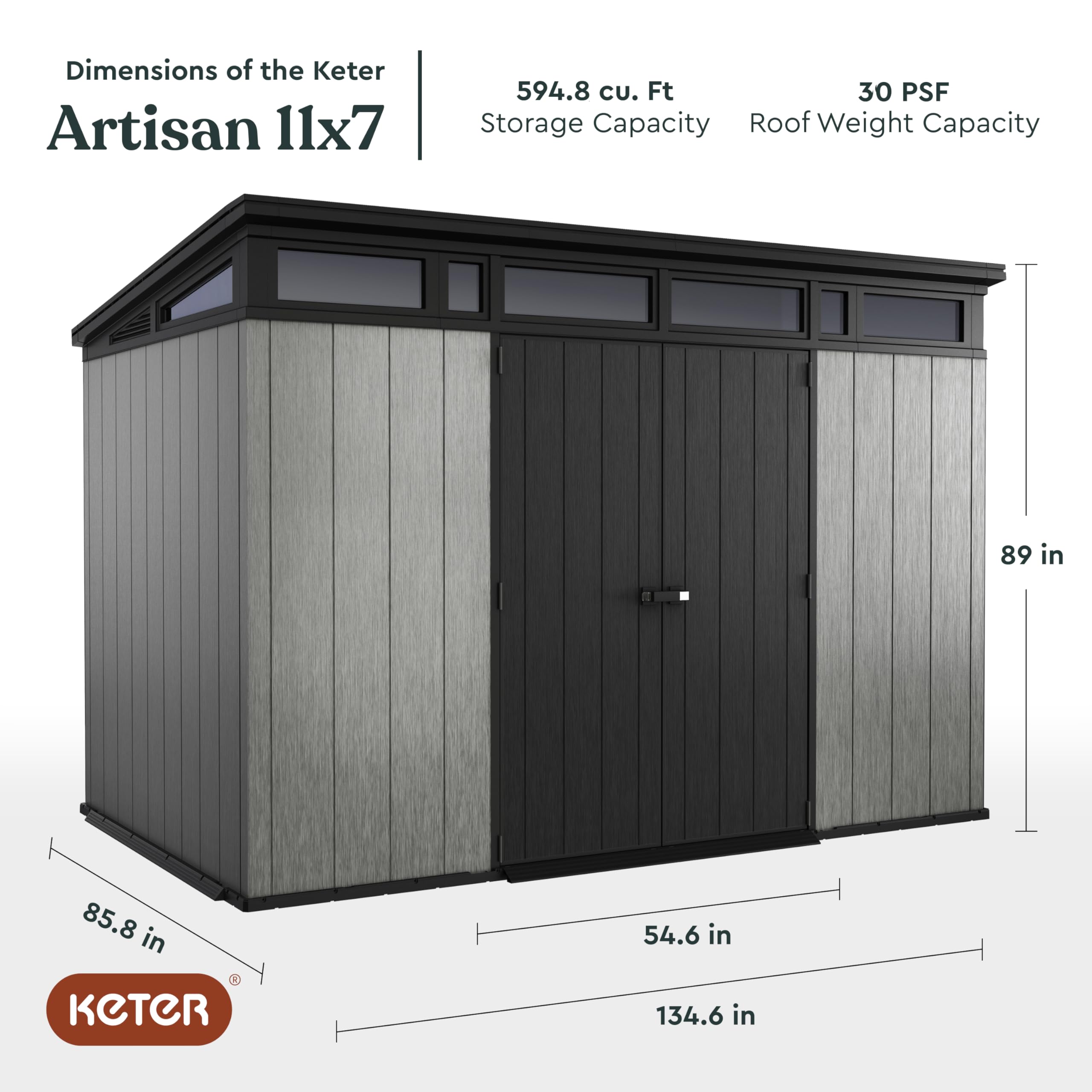 Keter 11x7 Artisan Modern Resin Outdoor Storage Shed Kit-Perfect to Store Patio Furniture, Garden Tools Bike Accessories, Beach Chairs and Lawn Mower, Grey & Black