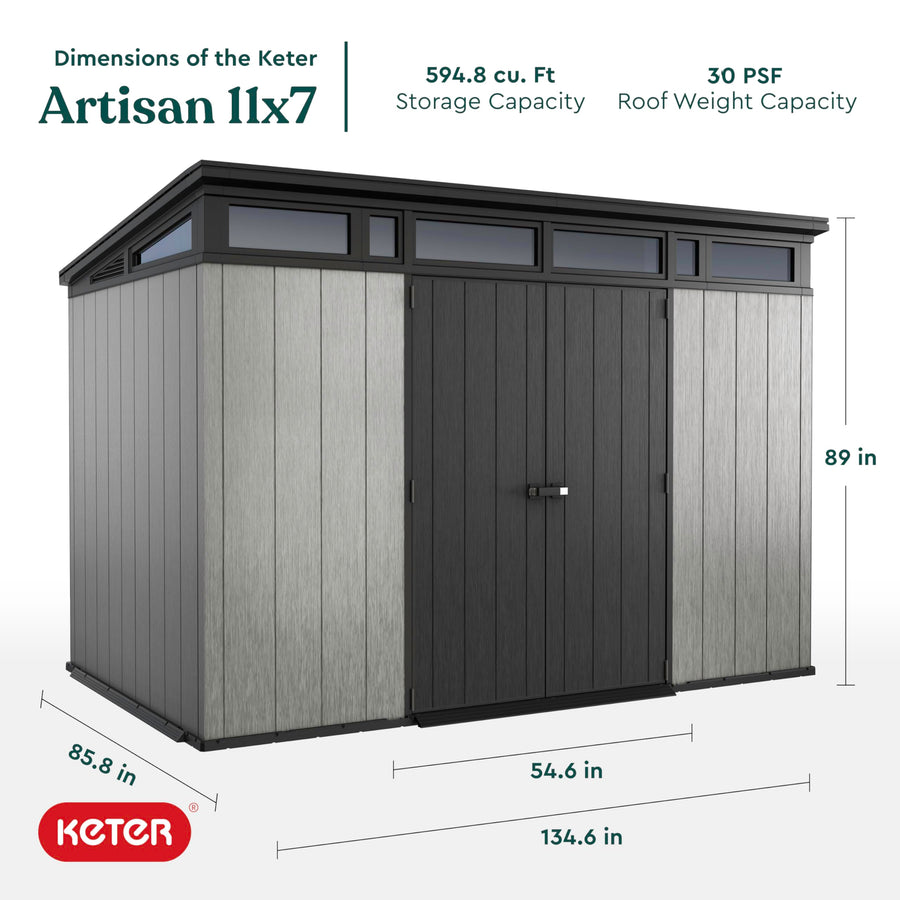 Keter 11x7 Artisan Modern Resin Outdoor Storage Shed Kit-Perfect to Store Patio Furniture, Garden Tools Bike Accessories, Beach Chairs and Lawn Mower, Grey & Black