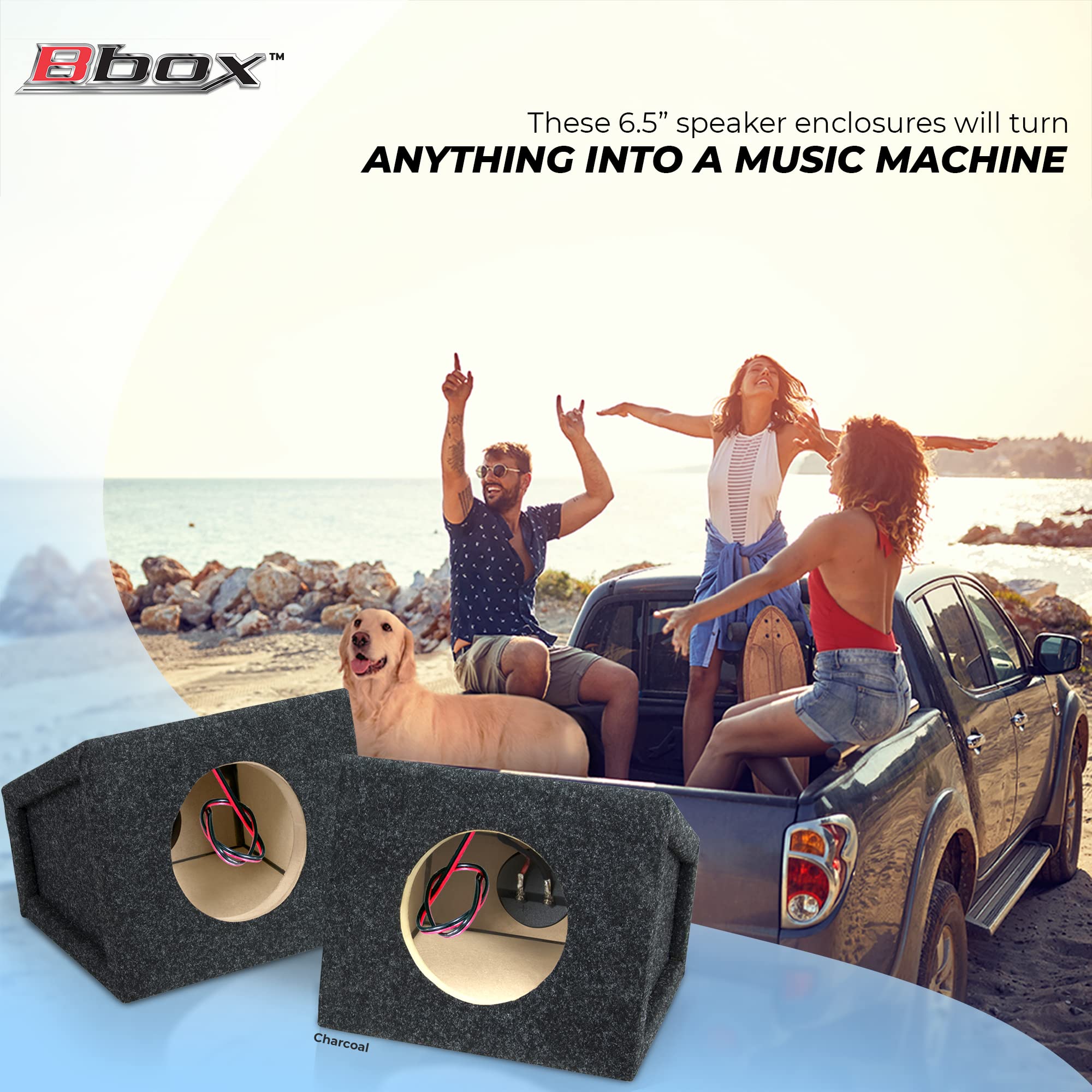 6.5" Bbox Pro Audio Tuned Speaker Enclosures - Premium Speakers to Enhance Sound and Bass - Nickel Finish Terminals for Car or Truck - 18 Gauge Audio Cables - Set of 2 (Charcoal)
