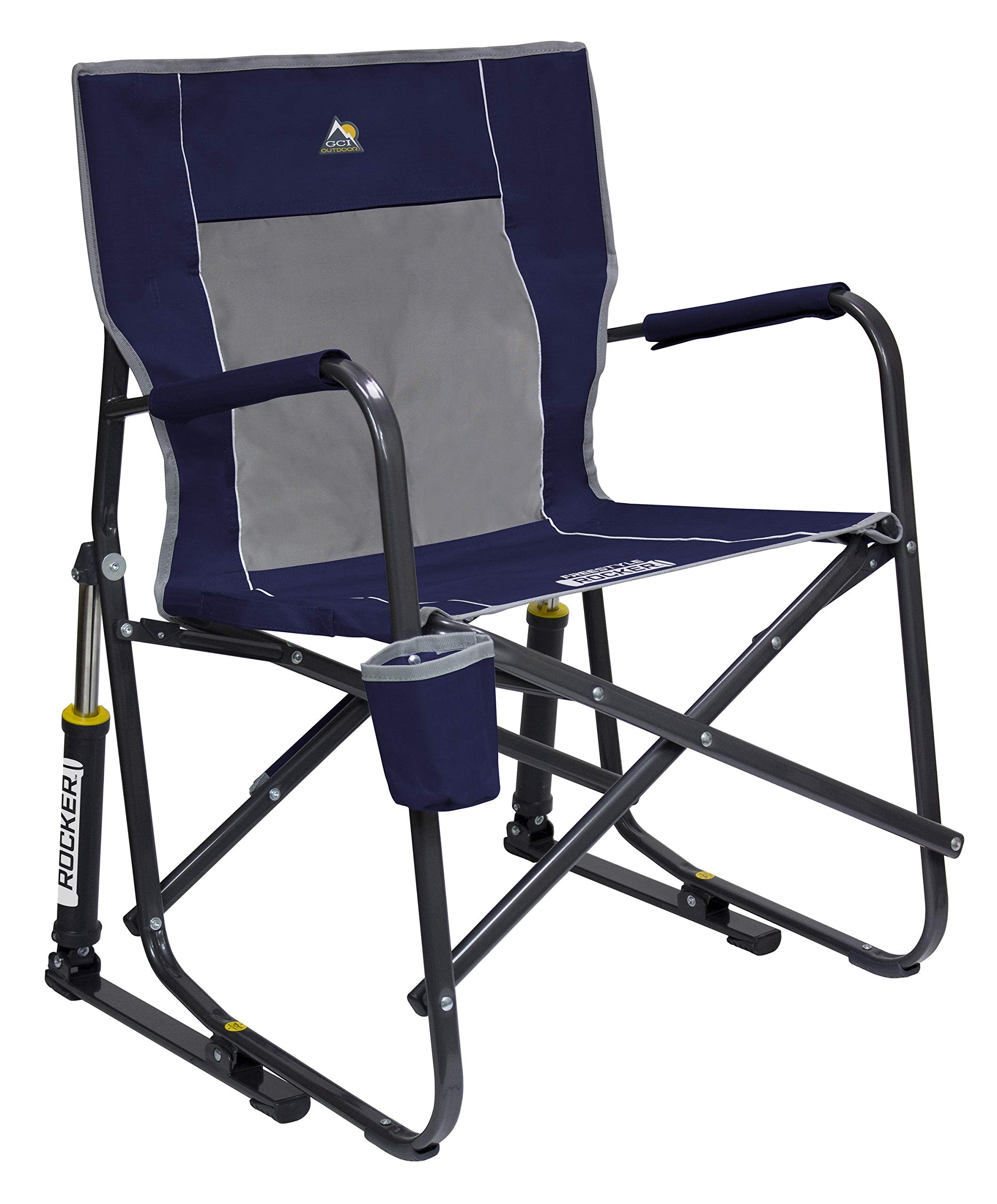 GCI Outdoor Camping Chair Freestyle Rocker | Portable Folding Rocking Chair with Solid, Durable Armrests, Drink Holder & Comfortable Backrest — Indigo Blue