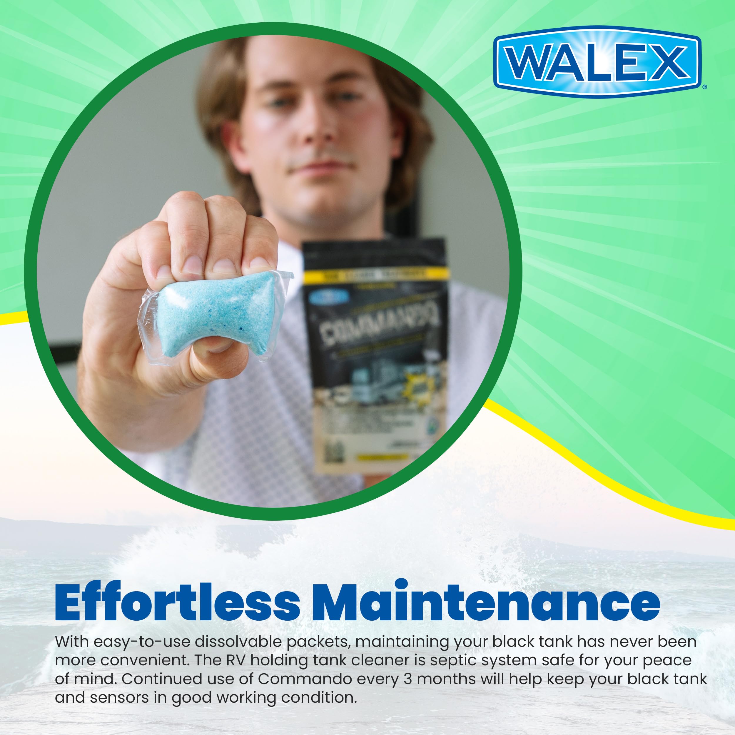 Walex RV Black Holding Tank & Sensor Cleaner Commando - Eliminates Waste & Paper Buildup, Restores Sensor Function, Lubricates Valves & Seals, Advanced Enzyme Formula; Dissolvable Packets, 4 Count