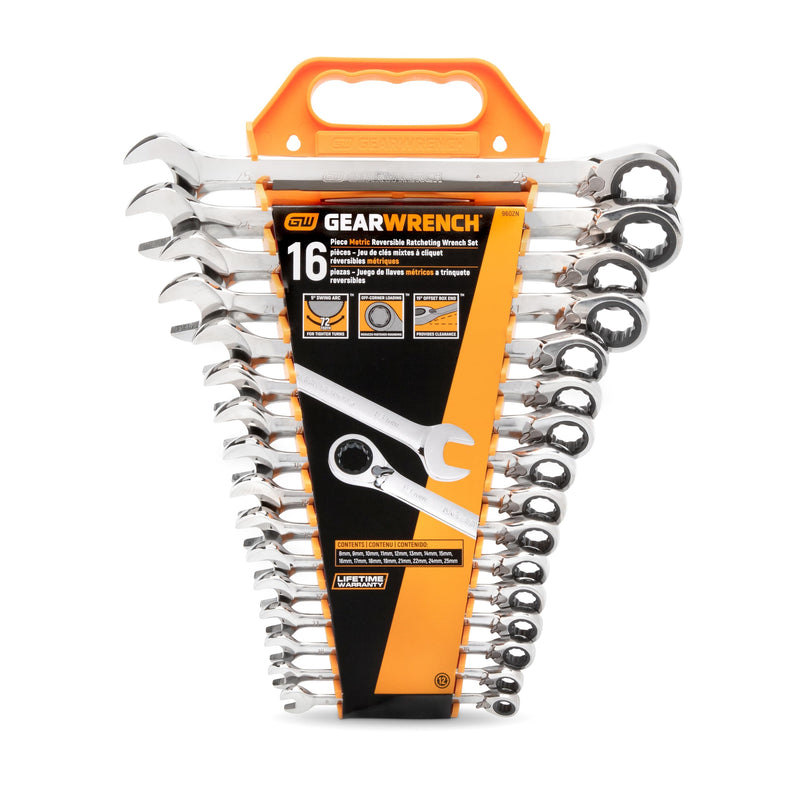 16 Pc. Reversible Combination Wrench Set GEAWRENCH, Metric - 9602N