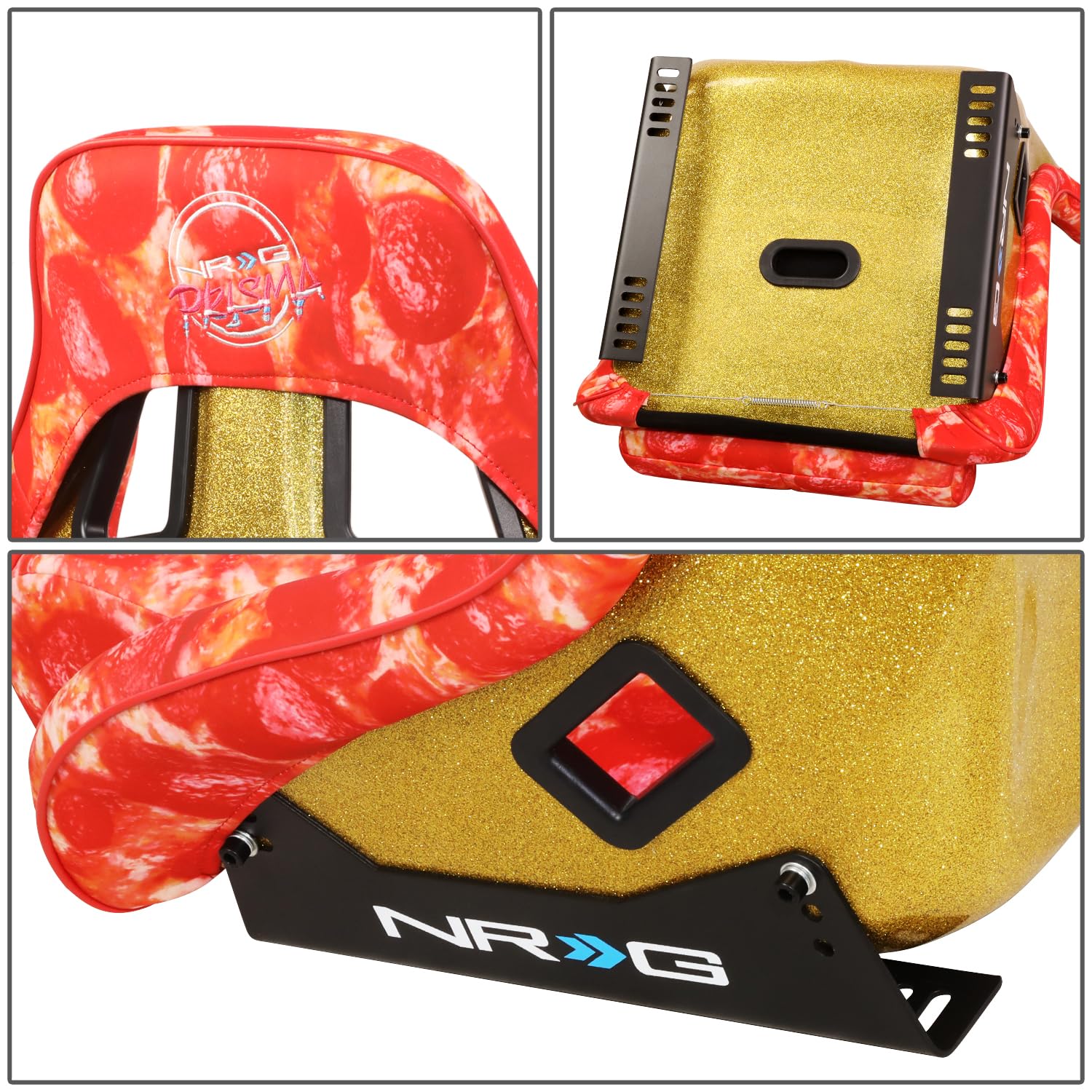 NRG Innovations FRP Bucket Seat NRG-FRP-302-PIZZA PRISMA-ULTRA Slice Edition with Gold Back Pizza Microfiber Finish Vegan Material Plus Phone Pockets. (Large)
