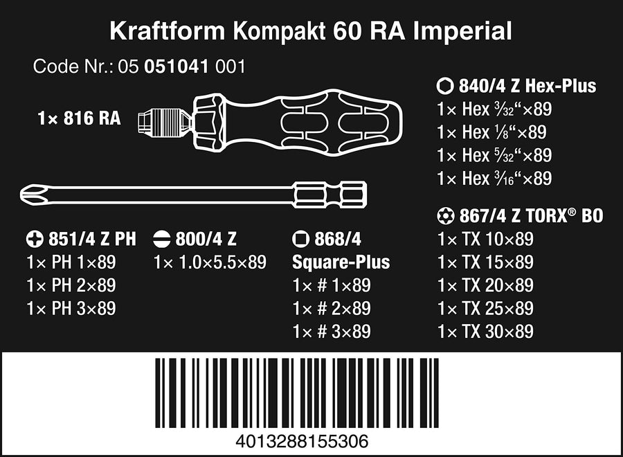5051041001 Wera Kraftform Kompakt 60 RA Ratcheting Screwdriver Set, 17-Piece