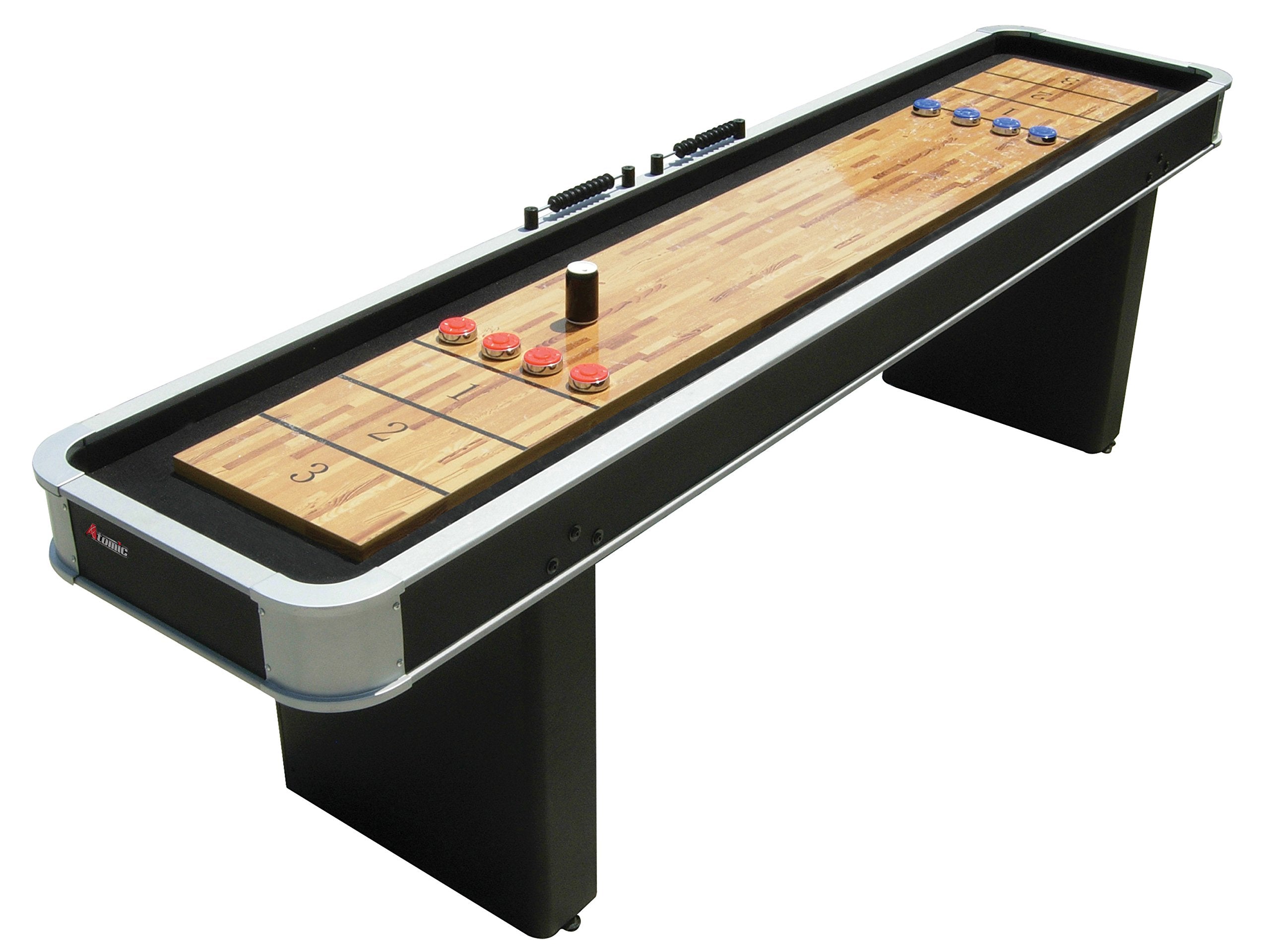 9’ Atomic Shuffleboard Table with Poly-Coated Playing Surface for Smooth, Fast Puck Action and Pedestal Legs with Levelers for Optimum Stability and Level Play
