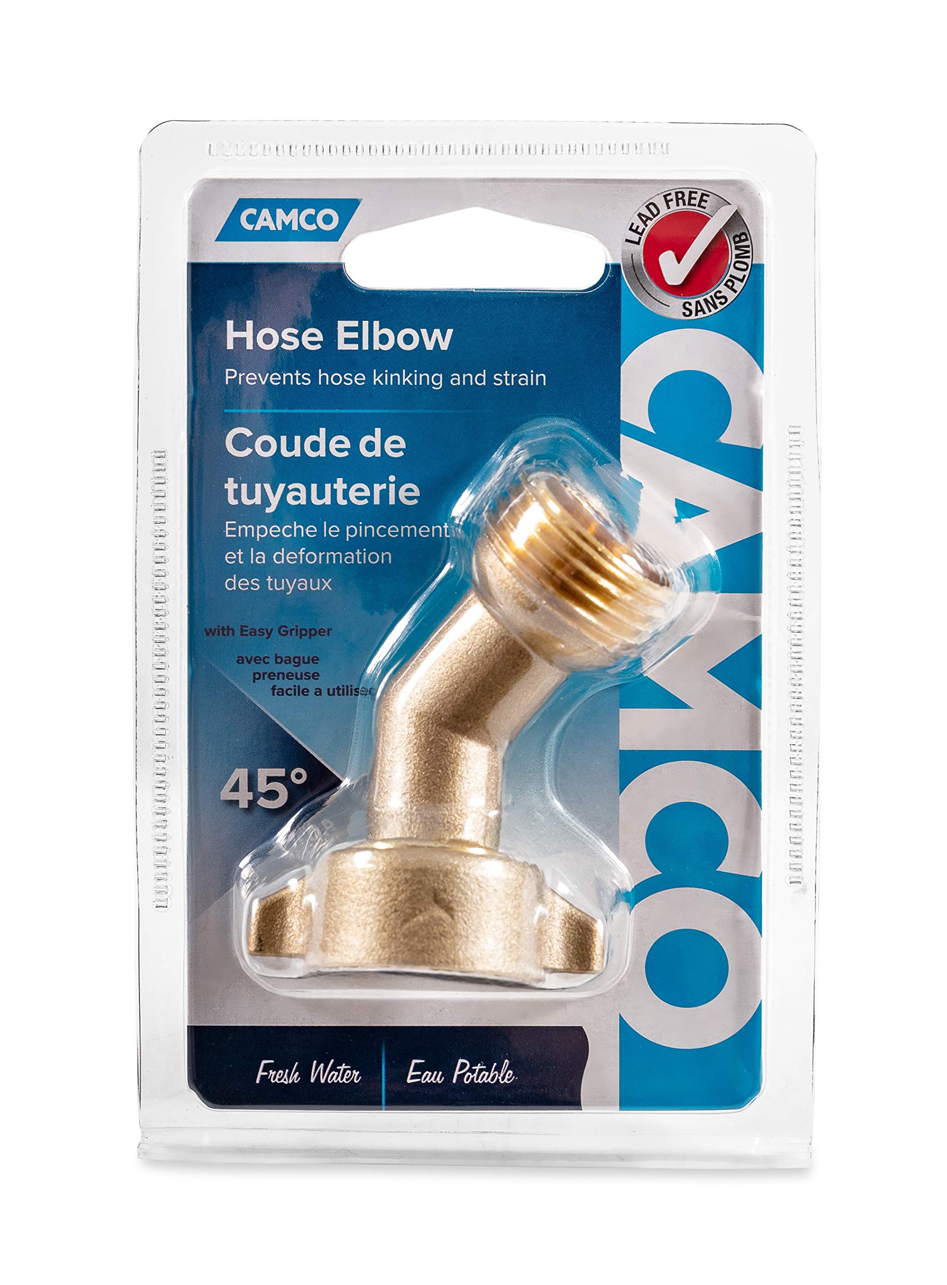 45 Degree Camco Hose Elbow- Eliminates Stress and Strain On RV Water Intake Hose Fittings, Solid Brass (22605)