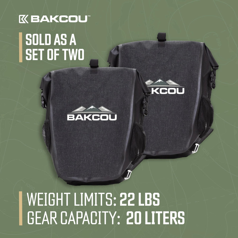 Pannier Bags - Bakcou Set of 2 Waterproof, Lightweight, Sturdy, Anti-Puncture Canvas, Quick Release Clamps, Reflective Logo - 20L Capacity