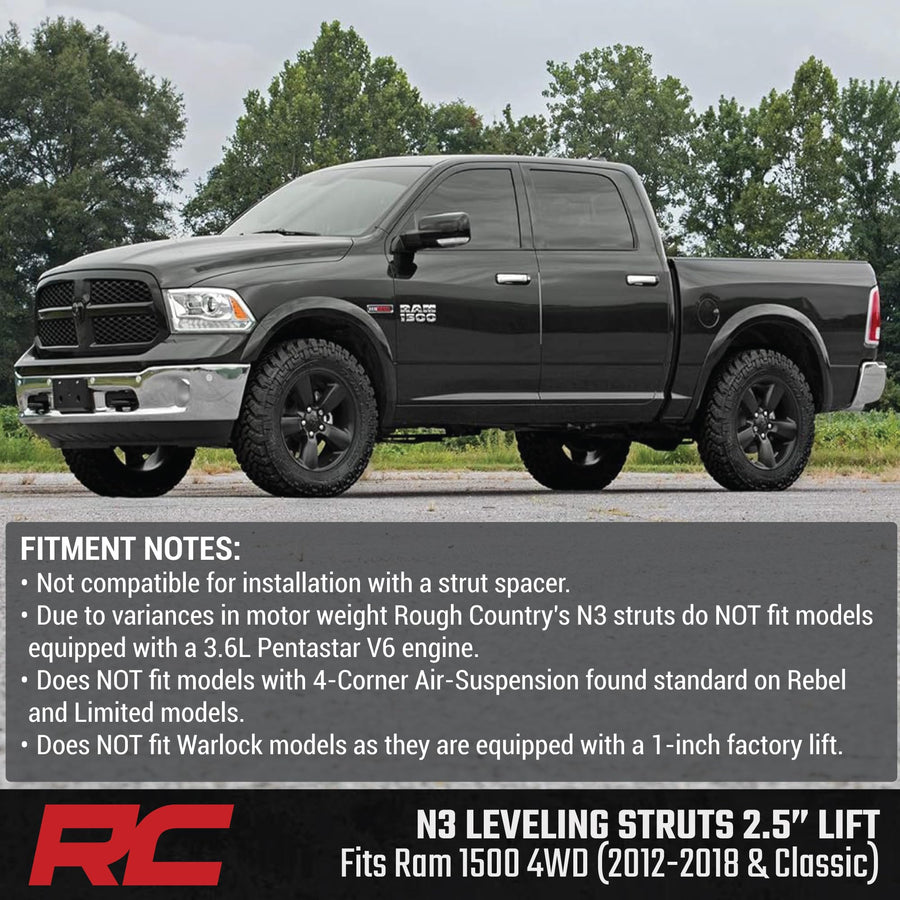 Rough Country N3 Struts Leveling for Ram 1500 4WD (2012–2018 & Classic) - Fits 2.5" Front Lift, Preloaded Coil, Bolt-On Leveling
