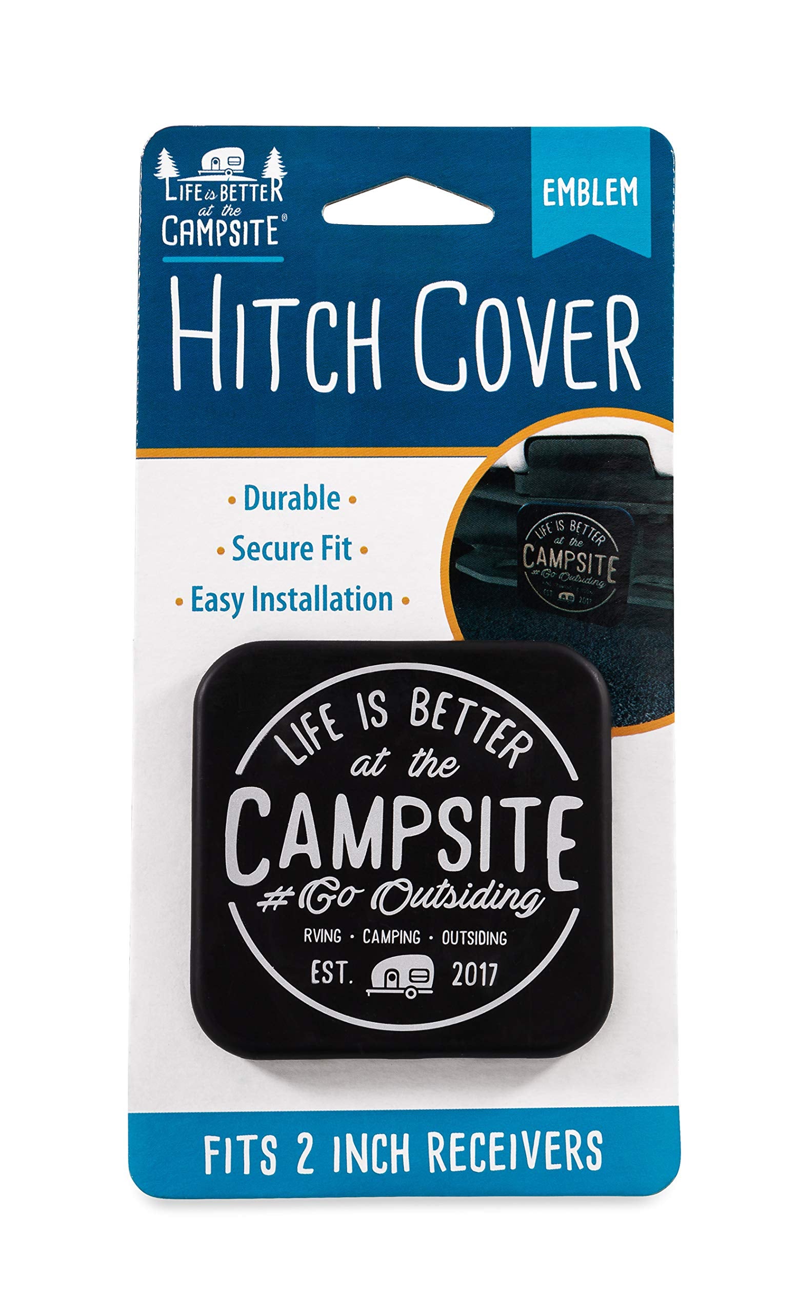 Hitch Receiver Cover Camco Life is Better at The Campsite | Protects Your Trailer Hitch Receiver from Debris, Dirt, Water and Rust | Life is Better at The Campsite Emblem, Black/Silver (53411)