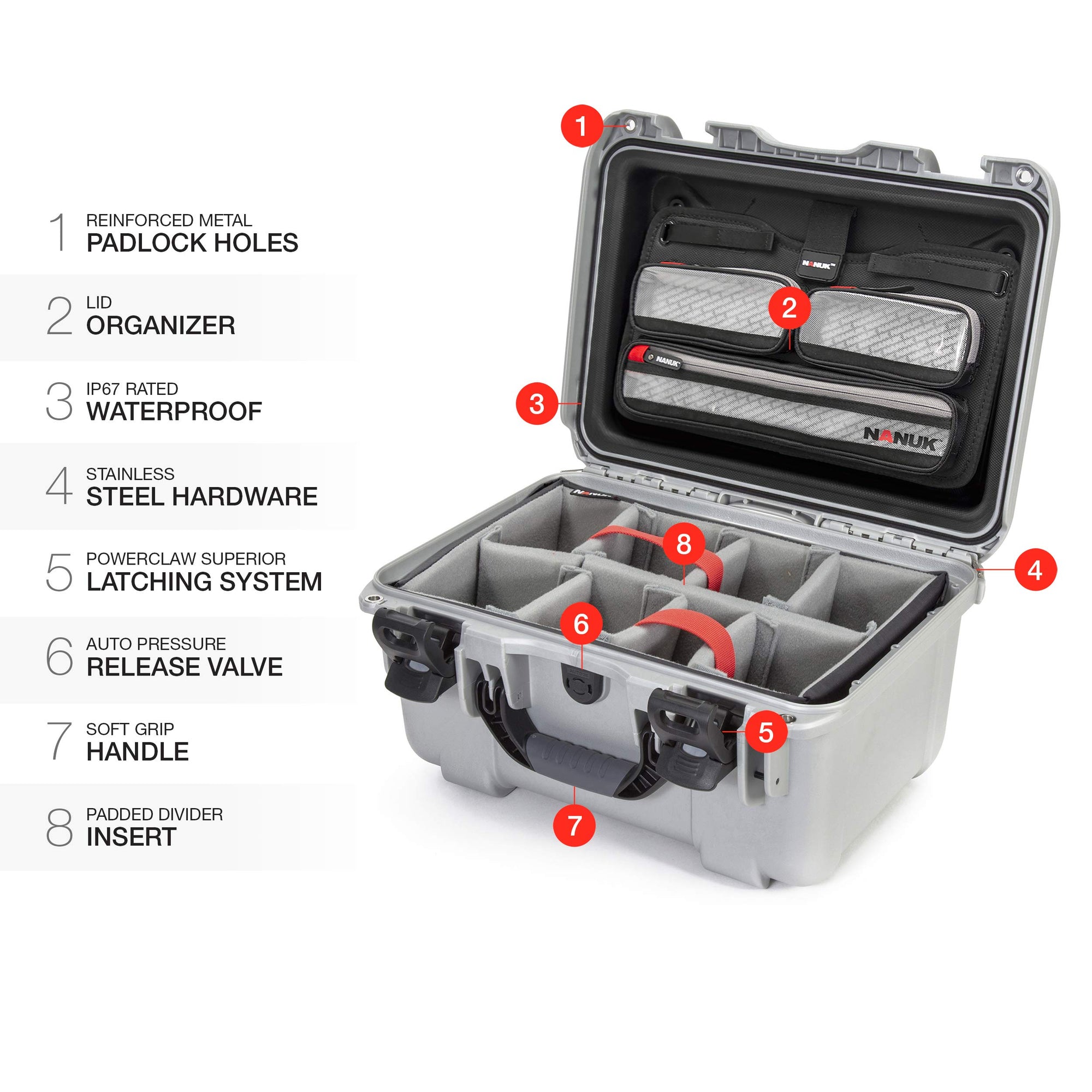 Waterproof Nanuk 918 Hard Case with Lid Organizer and Padded Divider - Silver