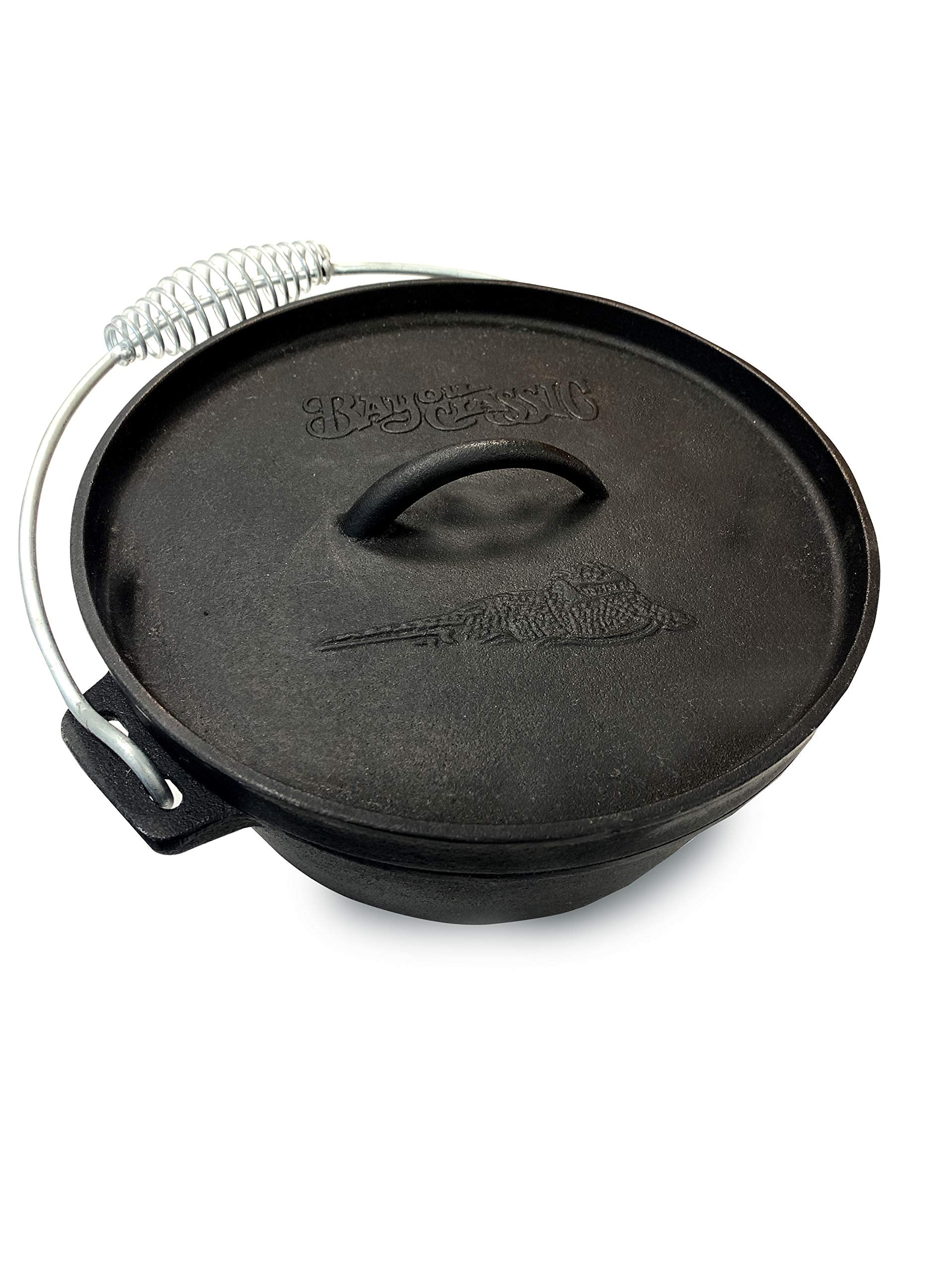 Bayou Classic 2-qt Cast Iron Dutch Oven Features Flanged Camp Lid Stainless Coil Wire Handle Grip Perfect To Use Over A Campfire To Prepare One-Pot Meals Bake Cornbread Biscuits or Cobbler