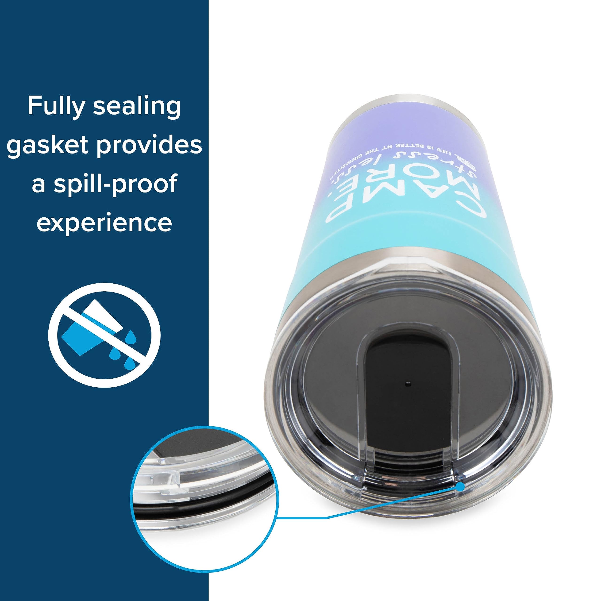 Camco Painted Stainless Steel Tumbler is Better at The Campsite Life - Features Double Wall Vacuum Insulation for Heat/Ice Retention & Unique Camp More, Stress Less Design - Holds 20 oz. (53317)