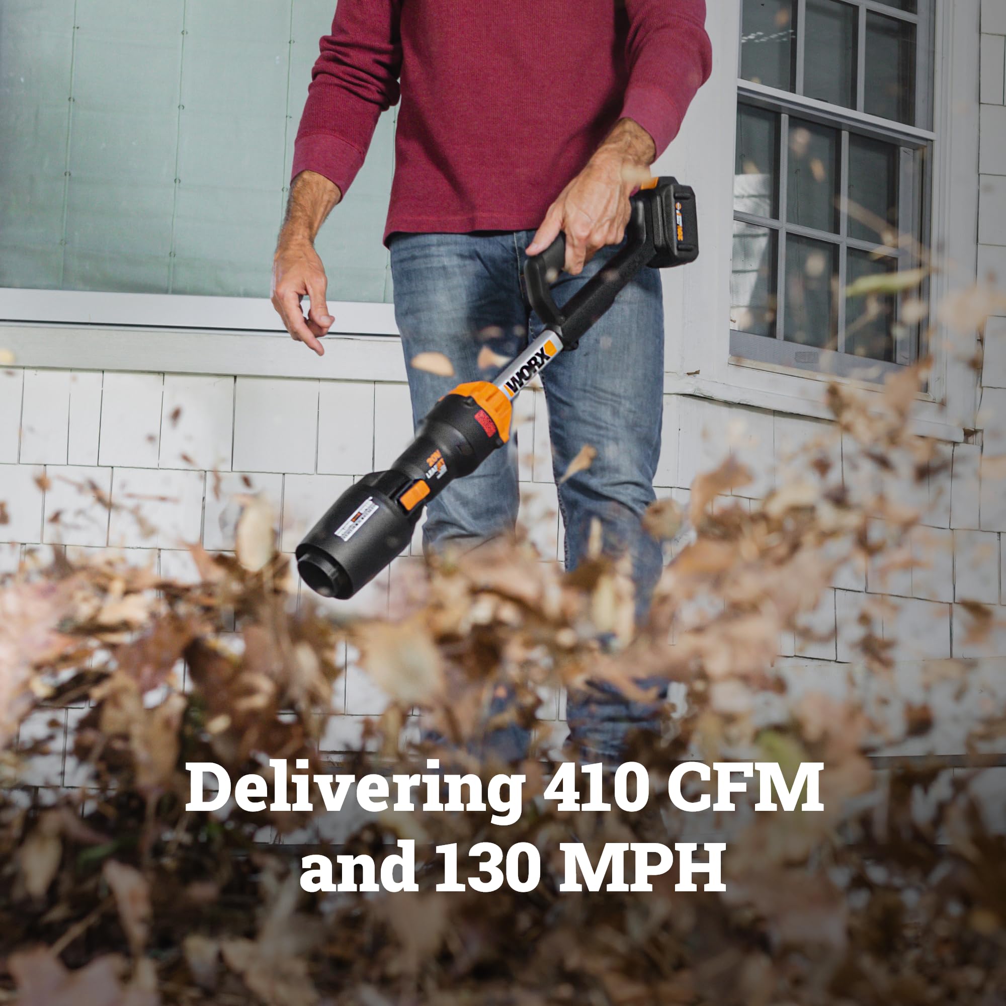 Cordless WORX Nitro Leaf Blower, Electric Blower with 410 CFM & 130 MPH, Blowers for Lawn Care with 3.8 Lbs, 4.0 Ah Battery & Charger Included, WG543