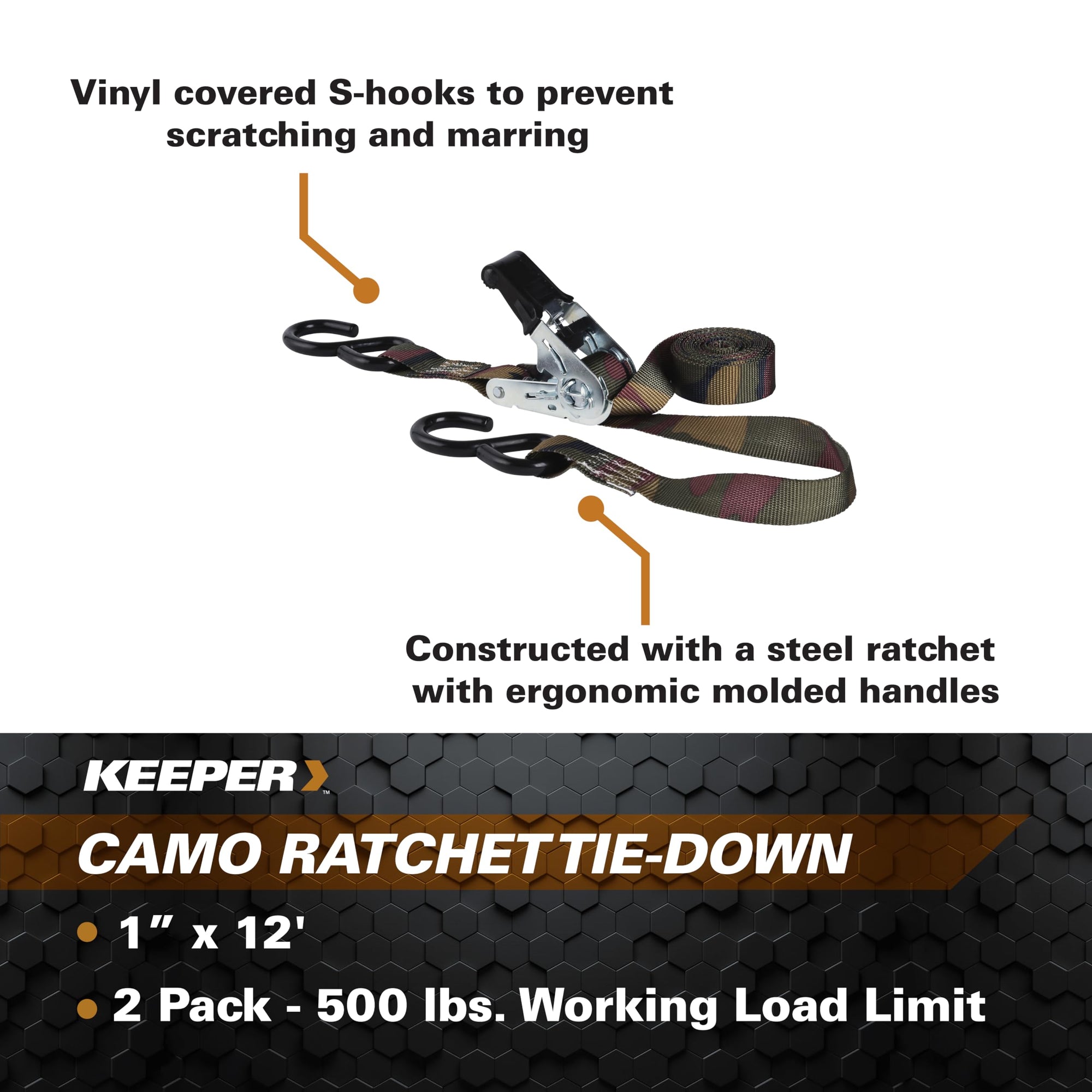 Hampton Keeper 1” x 12' Camo Ratchet Tie-Down with S Hooks, 2 Pack - 500 lbs. Working Load Limit